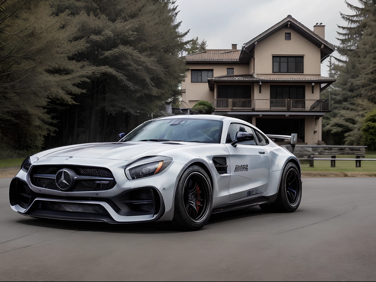 top-quality、超A high resolution、8K、Photoreal Stick、((Mercedes-AMG GTR))、Works Full Completely Reverti Walk、Body color is white、Flashy design、Parking in front of a modern house、Villa in the forest、