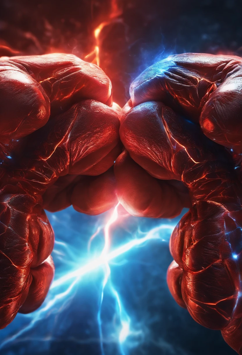 A pair of glowing fists,Bump into each other，Biomechanical, Very bright colors, Light particles, with light glowing, Red and blue showdown, wallpaper art, UHD wallpaper