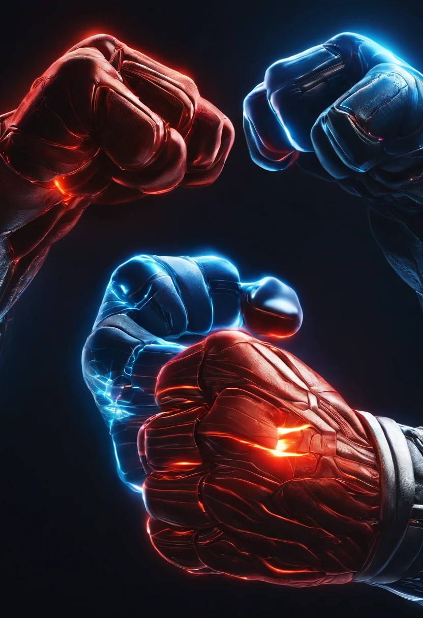 A pair of glowing fists,Bump into each other,Biomechanical, Very bright colors, Light particles, with light glowing, Red and blue showdown, wallpaper art, UHD wallpaper