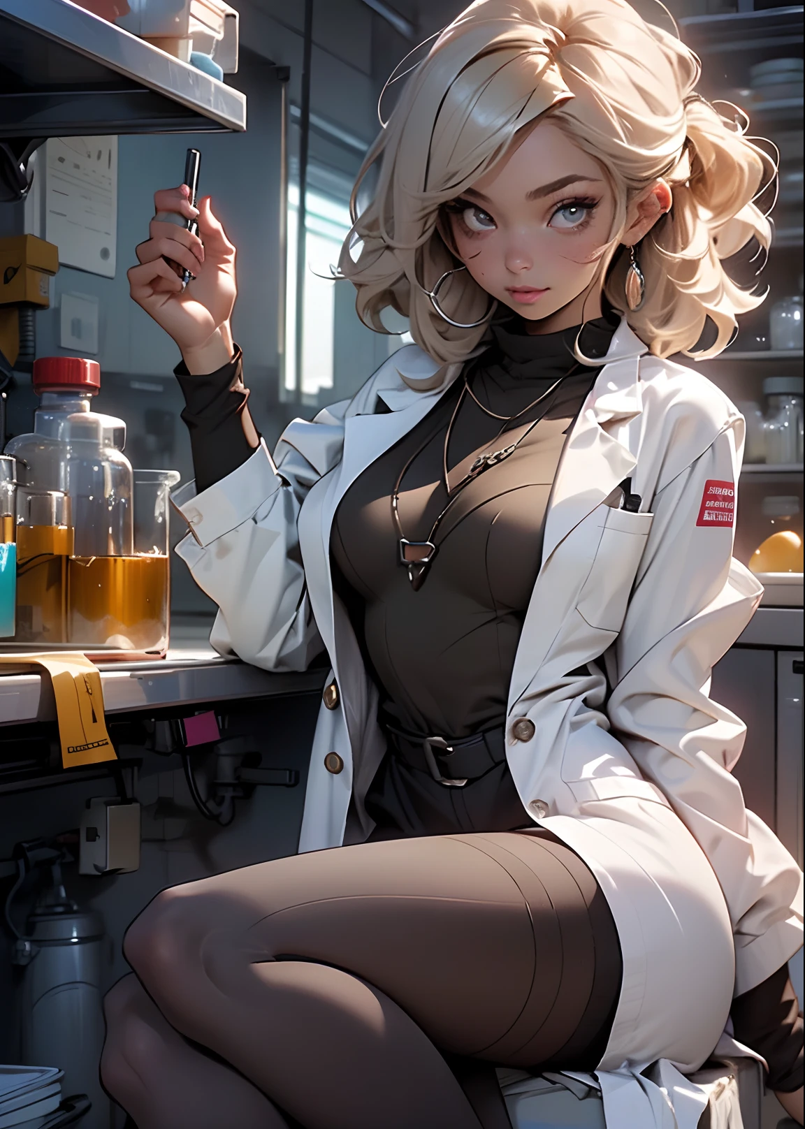 Melancholy lighting, Take it easy, calm, shine, masterpiece, best quality, 1 girl, (JinxLol: 1.2), (ultra photorealistic: 1.3), (masterpiece: 1.4), best quality, ((realistic)), high quality, Ultra Detailed, ((real image)), ((realistic skin)), ((realistic face)), (illustration: 1.05), (beautiful: 1.05), (beautiful detailed eyes: 1.05), (cinematic light: 1.1), full body, accurate proportions, 25-year old girl, CURVY up model (wearing sexy white lab coat :1.7), (exposing big boobs:1.6), (inside a nutrition clinic:1.9), waves, BLOND hair fluttering in the wind, long legs, slightly open feet, butt, blushing, shyness, clavicle, abs, double texture, beautiful and delicate face, fair skin, real skin, (face detail), couples, super high res, 8k, parameters Best quality, masterpiece, super high res, (Realistic 2.0), more details, detailed skin, wide smile, white teeth, VOLUMINOUS GINGER BLONDIE hair, perfect and well-drawn eyes, girlfriend, cute, pretty, studio illumination, (((PERFECT EVEN EYES:1.2)))