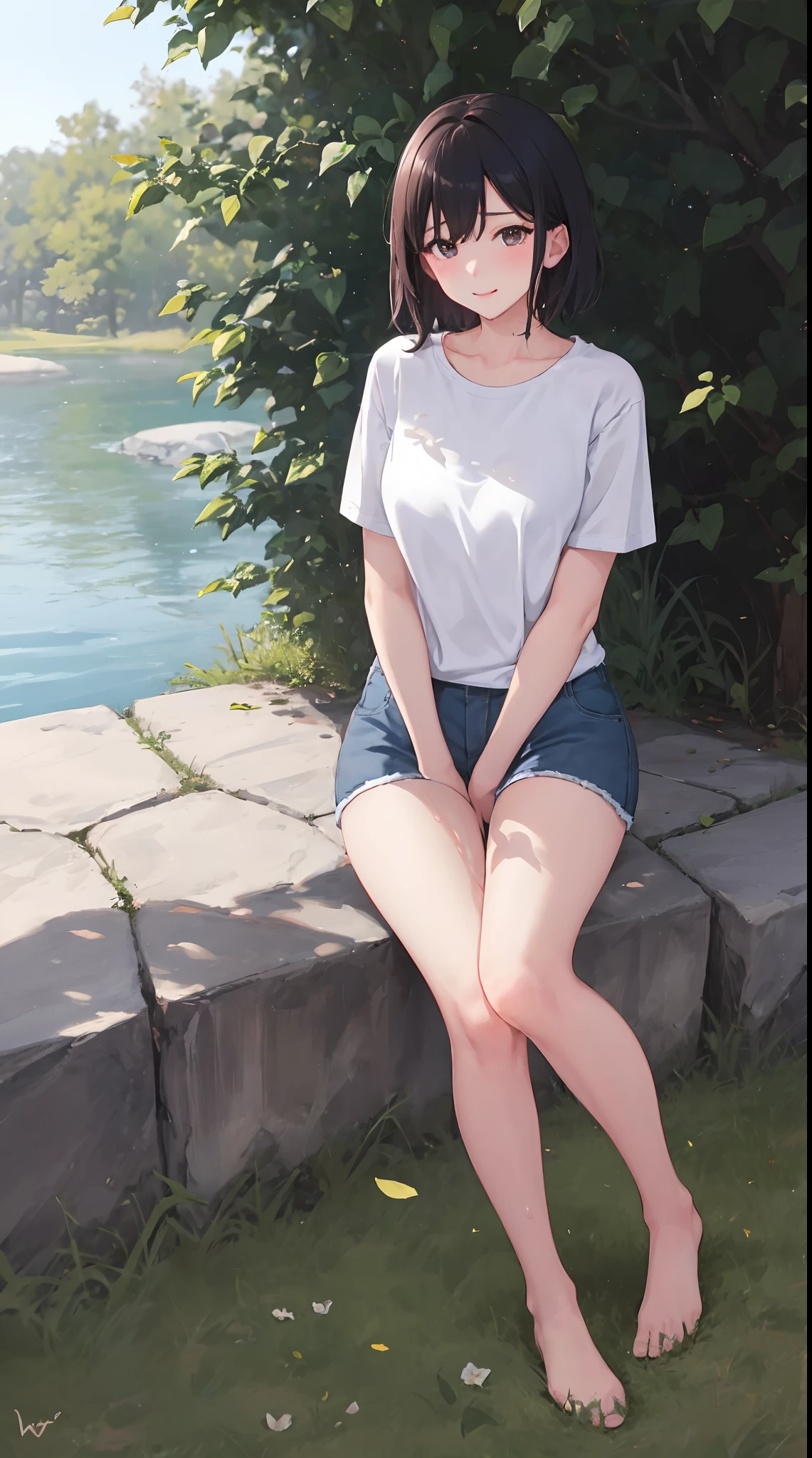 1girll, 独奏, Light white shirt,Soaked underwear,Exposing thighs,wear short shorts,Sit on grass,The chest is large,Perfect hands