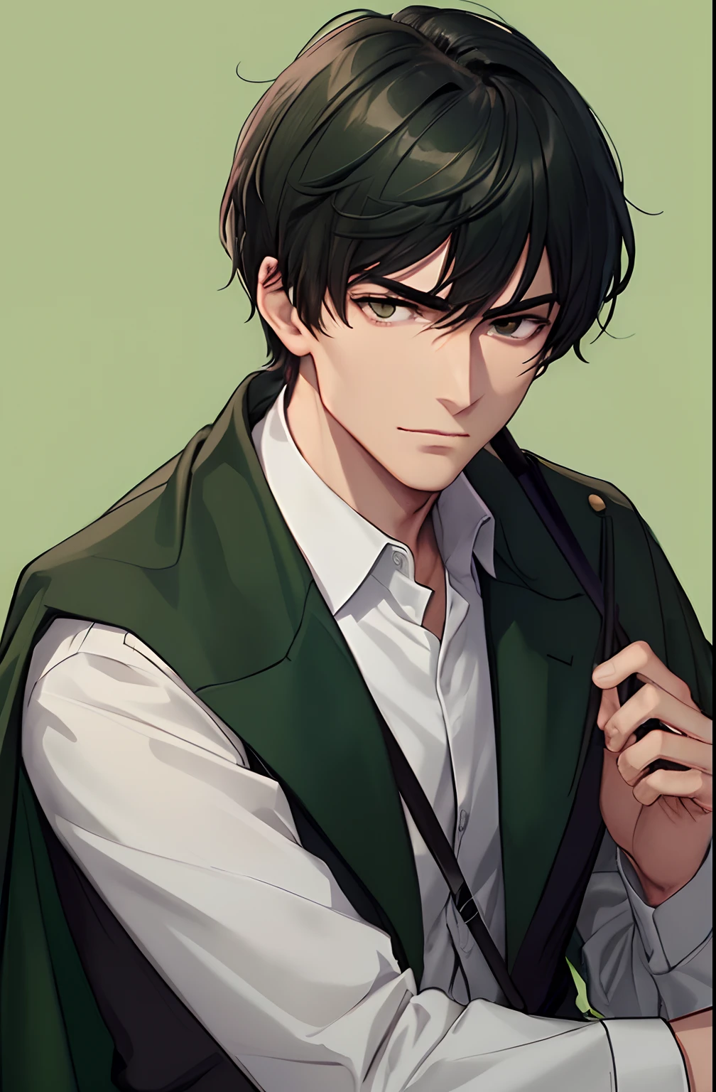 kk, best quality, more details, masterpiece, 1man, male focus, solo, green background, bangs, a soldier wearing a military uniform, green cloak, brown eyes, short hair, black hair, collared shirt, looking at viewer, smirked, luxurious, 8k, detailed, ray tracing, depth of field, cinematic lighting, brown and green, Simple green lines, simplified.