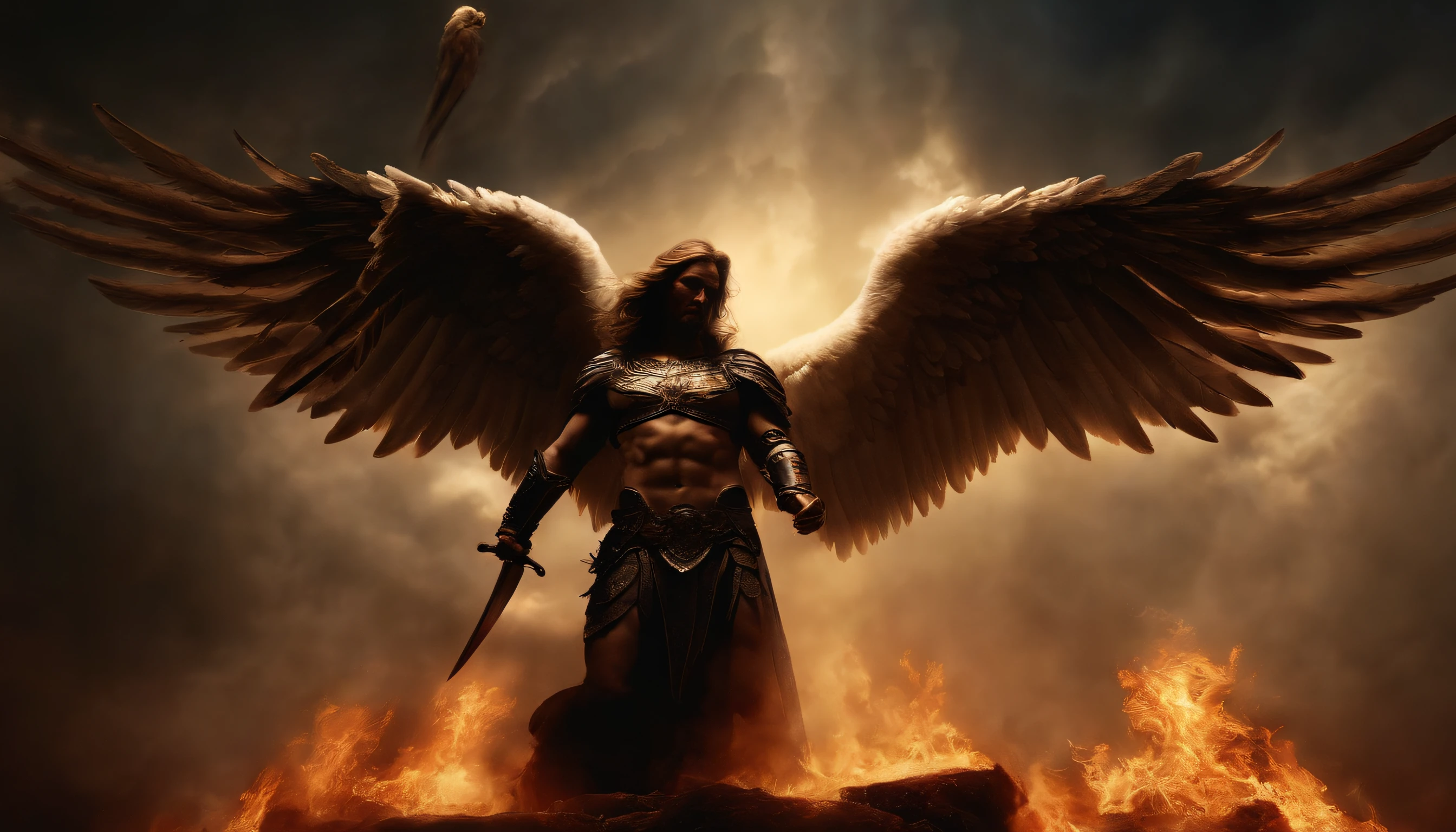 Das Bild der Engel Gottes,Standing in hell with sword in hand, Angels in Hell, Erzengel, Angels VS Demons, Angel observes demon, Angels and demons, Angels protect people, Erzengel Michael, Engel des Todes, Battle between angels and demons, Super breiter Engel, Epic Angel Wings, Angels protect those, die beten, Mensch braucht Todesengel. ((Episches Bild)), ((High quality)), 16k