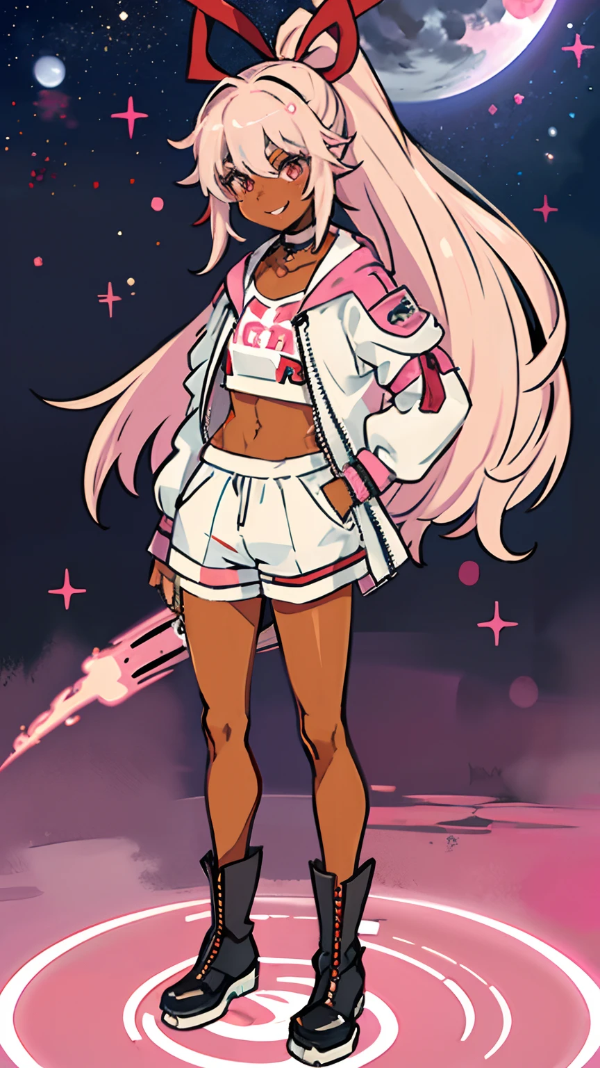 masterpiece, best quality,(( 1boy:1.1)), solo, ((Tan_Skin:1.2)),long_hair, from top, cheeky smile, Dynamic Sexy pose, panorama, perspective, looking_at_viewer, bangs, shorts, shirt, long white hair with rose pink streaks, ponytail, hair streaks, white _long_sleeved Half jacket, crop top, bow, ribbon, heart,frills, choker, black_Short, pink_eyes , pink_bow, white Boots, jirai_kei, full body, night Stage, Pop star, neon trim, panorama, perspective, starry sky, pink background, dark, shadow, ( The Moon)
