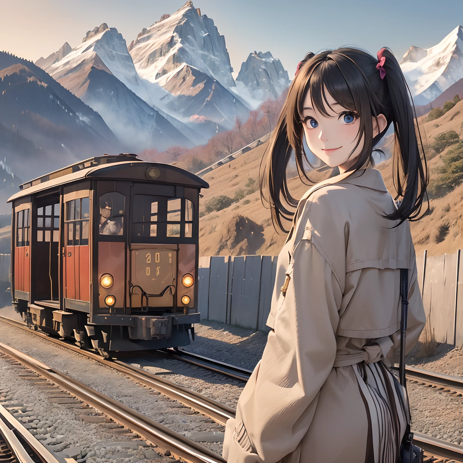 masutepiece, Best Quality, 8K_Wallpaper, (Beautiful eyes), ((Beautiful)), (lovely), (Above the mine),((1girl in)),23years old,Standing Girl,Smile,portlate、(((In front of you are railroad tracks and trolley cars)))、((Mountain Parker))(Hairstyle twin tails)
