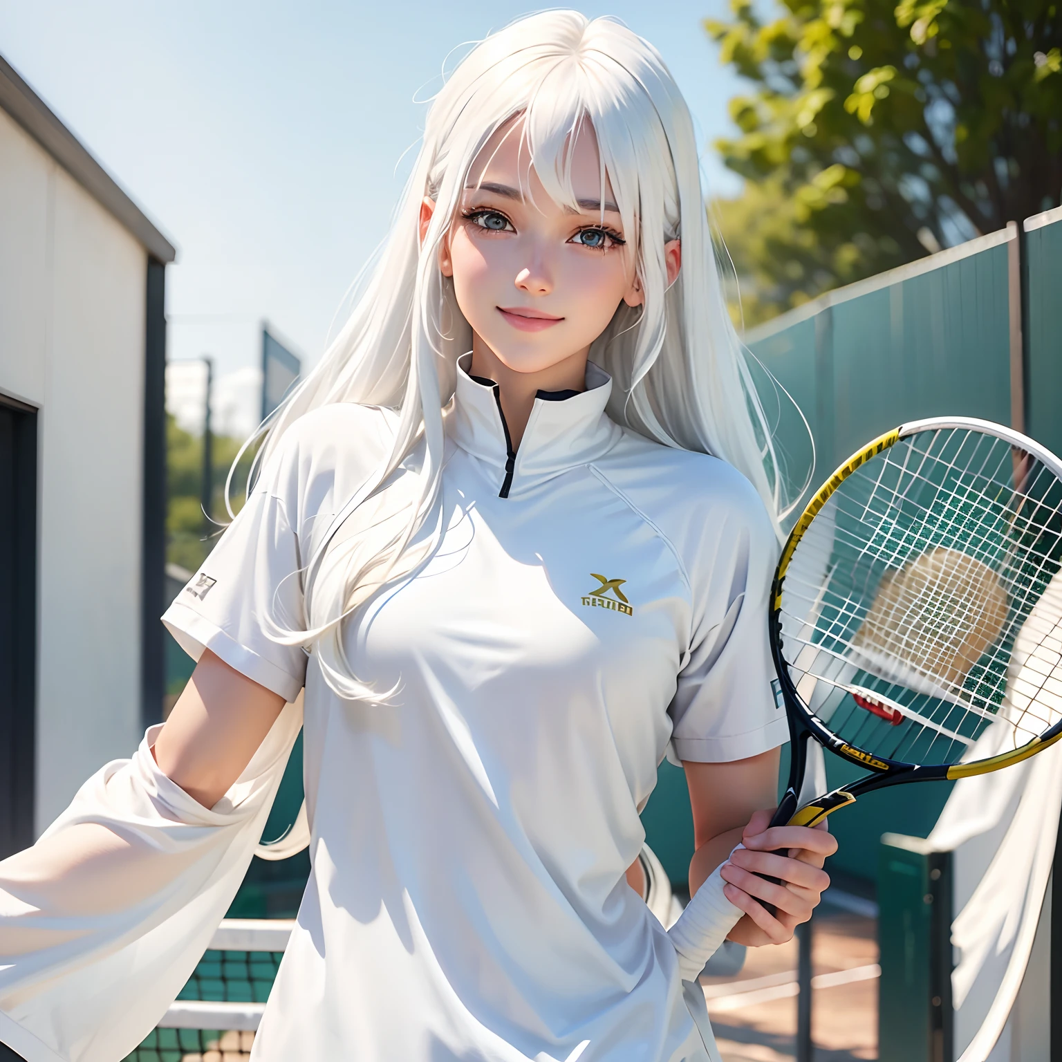best quality, white hair, gold eyes, white clothes, looking up, upper body, hair strand, Fair skin, smiling, Tennis Player