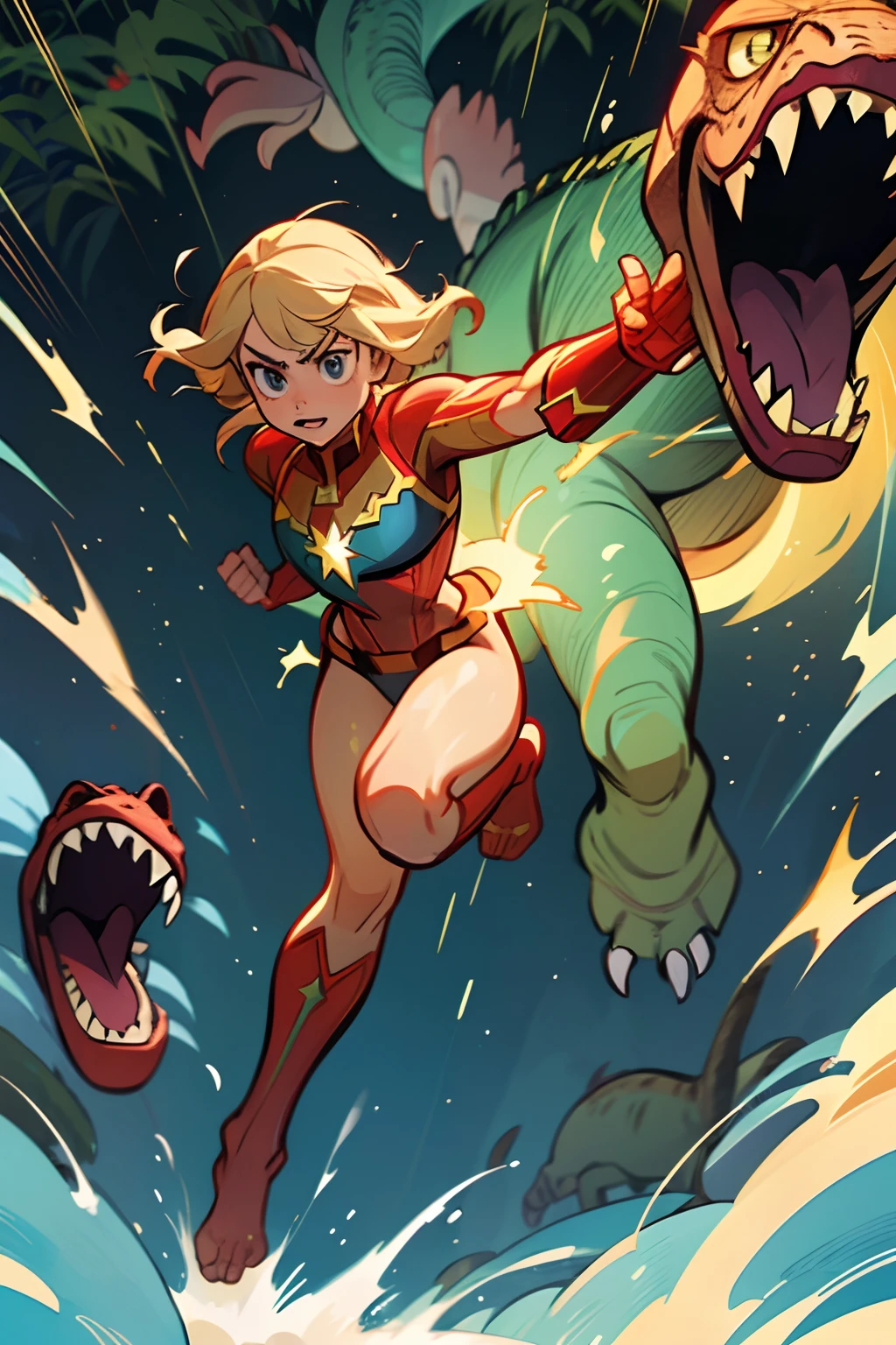 full body frontal view of a barefooted Brie Larson as Captain Marvel running in panic towards the viewer through the jungle while chased by a dangerous dinosaur, her face denotes fear and desperation, action pose, no shoes, beautiful feet, perfect feet, the dinosaur is very big and very close behind her, anime style