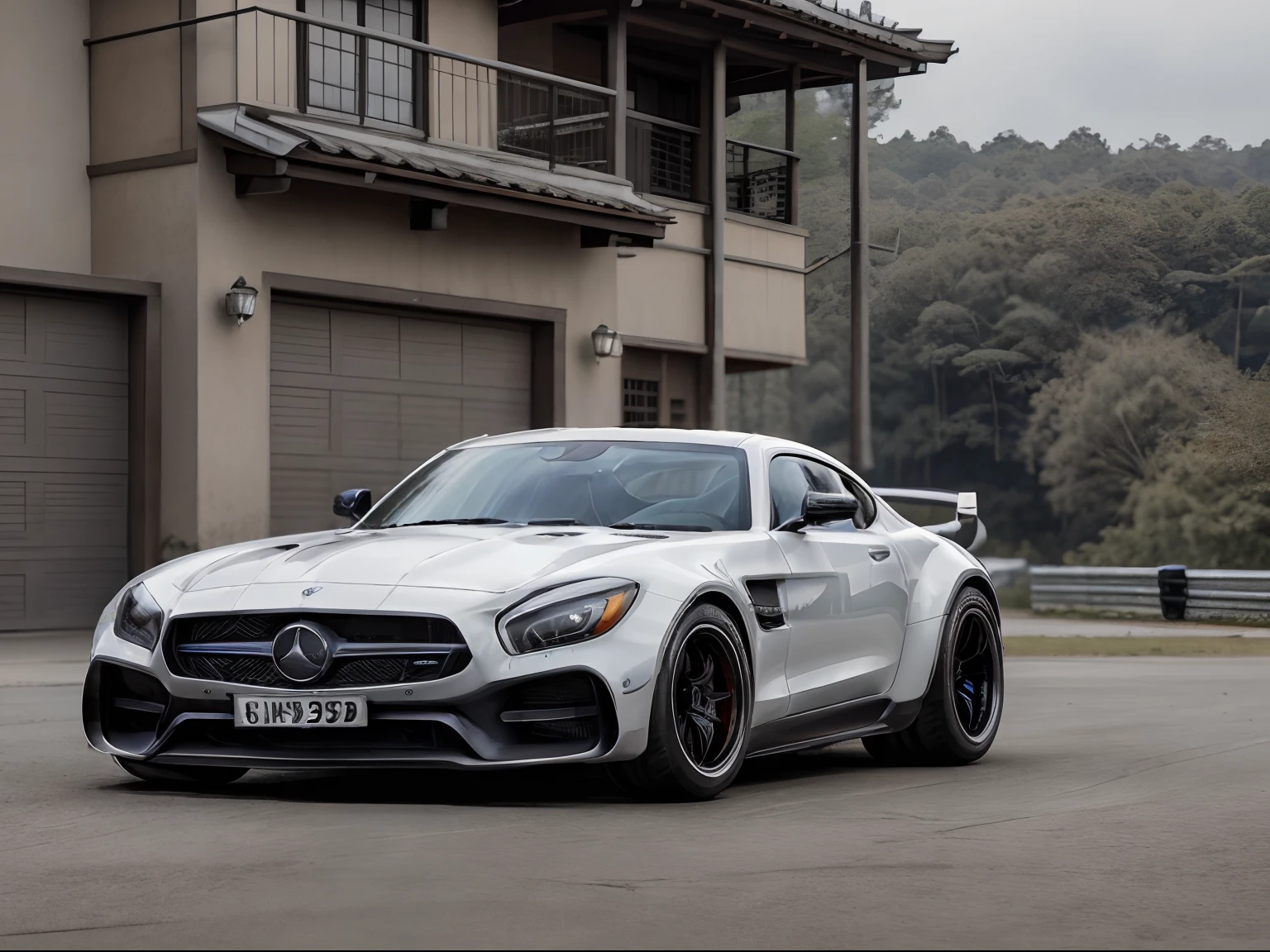 top-quality、超A high resolution、8K、Photoreal Stick、((Mercedes-AMG GTR))、Works Full Completely Reverti Walk、Body color is white、Flashy design、Parking in front of a modern house、Villa in the forest、