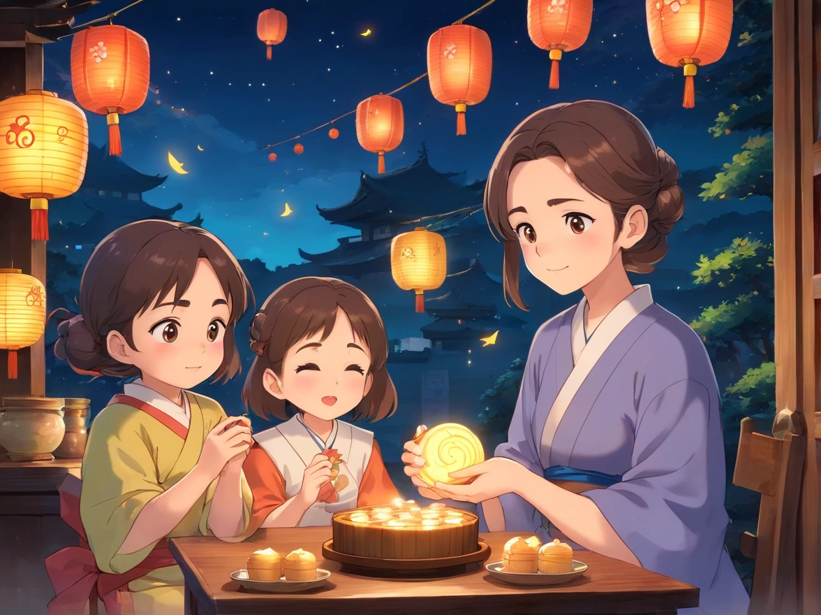 Mid-Autumn Festival，Full moon and stars in sky illustration，The family sits together eating mooncakes,Mom and dad laugh with the kids，Have in the living room、Bright house scene，Stars shine，Colorful，A huge moon floated over the city，KIDS ILLUSTRATION，Glow effect，Dingdall effect，depth of fields，Highlight，Real light，Ray traching，oc rendered，Hyper-realistic，best qualtiy，8K，Works of masters，super-fine，Detailed pubic hair，Correct anatomy，sharp focus on eyes，Bokeh，Carefully drawn facial features，Mother，Make mooncakes，The lantern glows