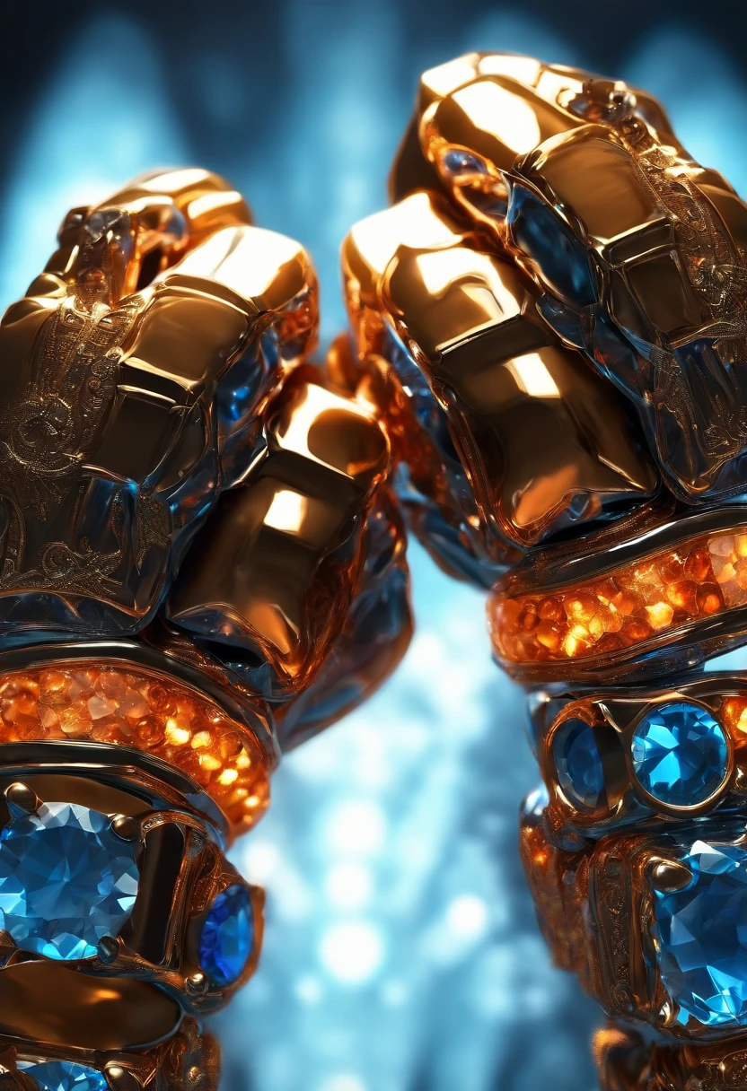 A pair of glowing metal fists,It is set with a variety of precious stones,Bump into each other,Biomechanical, Very bright colors, Light particles, with light glowing, Orange Blue Showdown, wallpaper art, UHD wallpaper