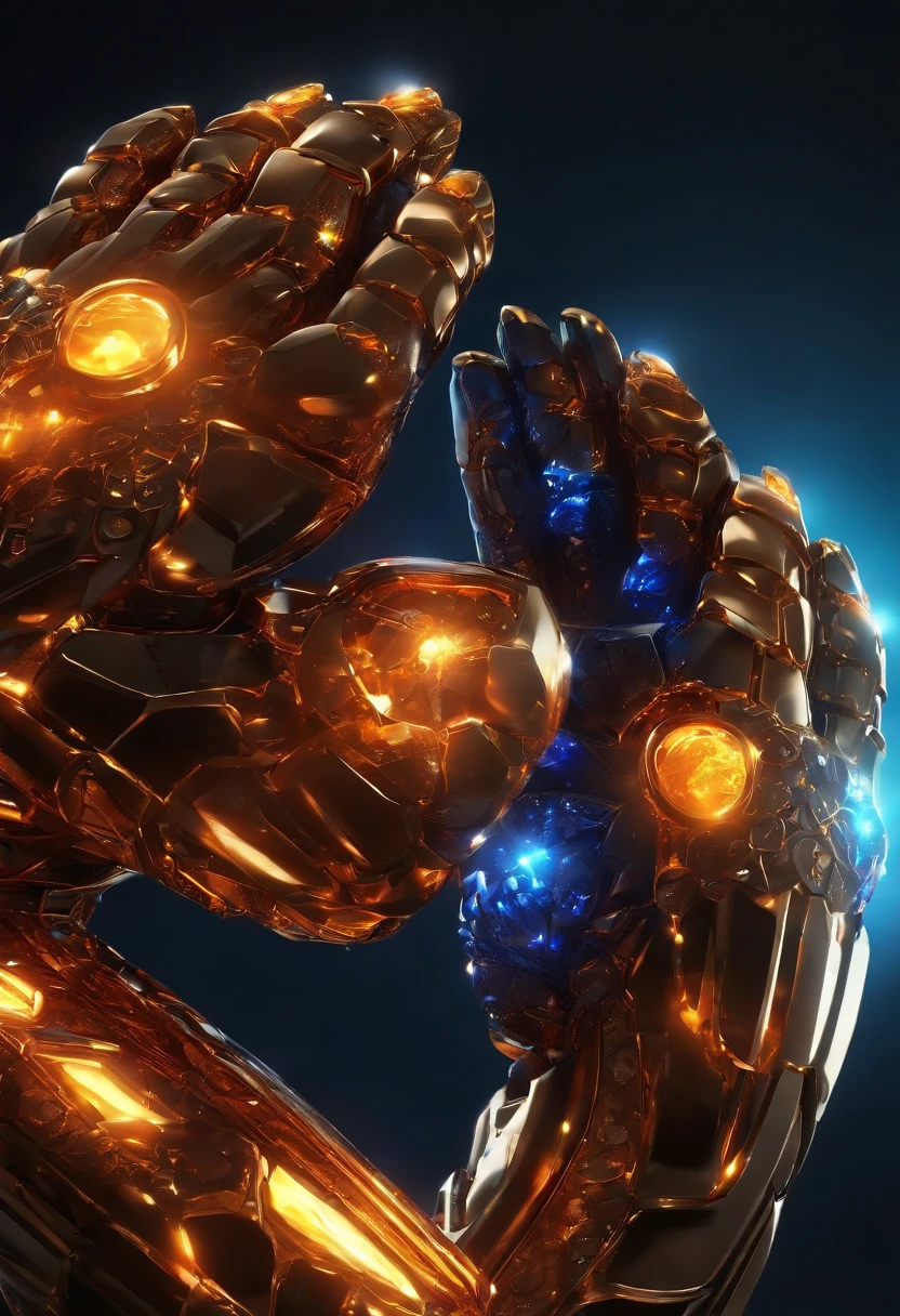A pair of glowing metal fists,It is set with a variety of precious stones,Bump into each other,Biomechanical, Very bright colors, Light particles, with light glowing, Orange Blue Showdown, wallpaper art, UHD wallpaper