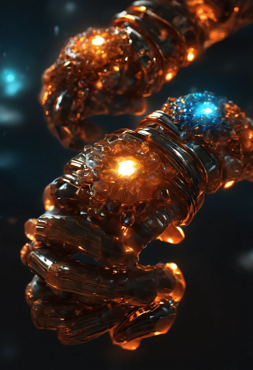 A pair of glowing metal fists,It is set with a variety of precious stones,Bump into each other,Biomechanical, Very bright colors, Light particles, with light glowing, Orange Blue Showdown, wallpaper art, UHD wallpaper