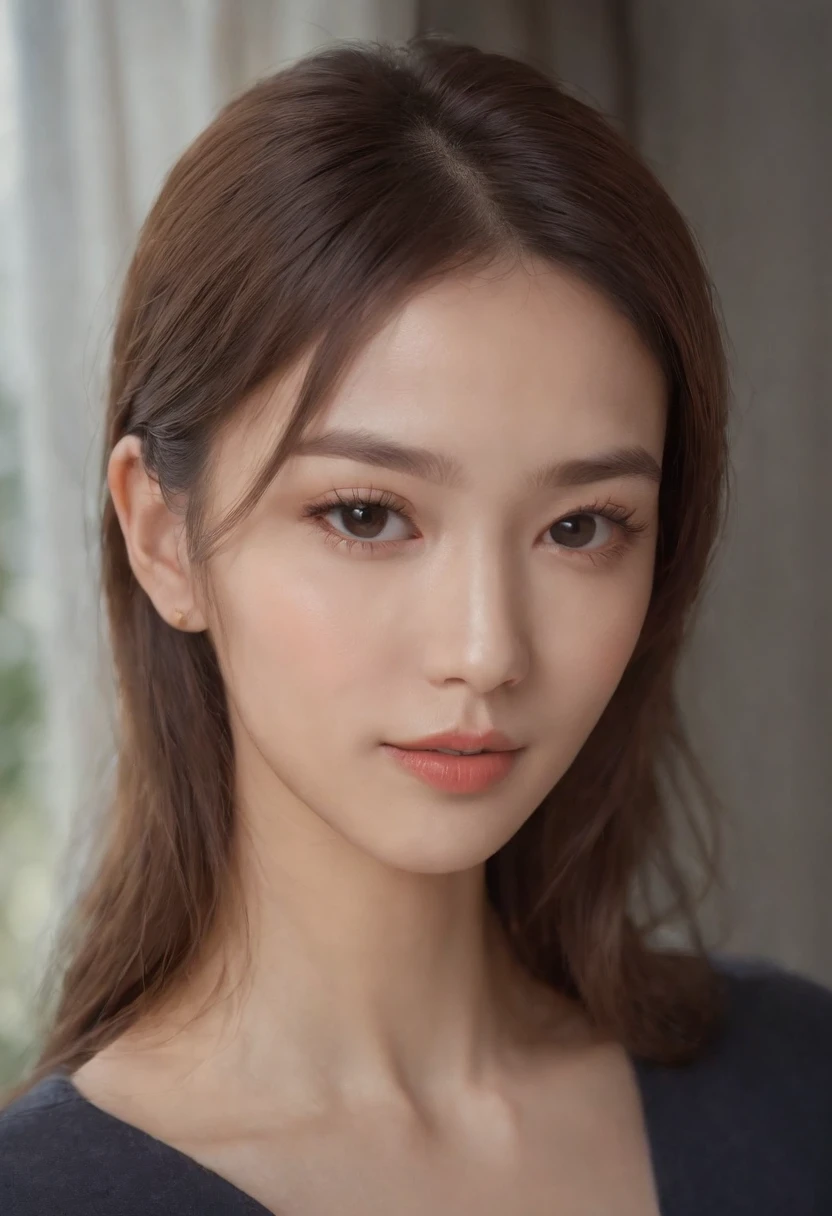2girl,Brown short hair wool curls all over like Instagram(realisticlying,A high resolution:1.4),,looking at viewert,body(8k,RAW photos,best qualtiy,tmasterpiece:1.2),(realisticlying,Photorealistic:1.37),(Sharp focus:1.2), profesional lighting, フォトンマッピング, ラジオシティ, physically-based renderingt, (paleskin:1.2),(smallunderboob:1.2), looking at viewert, (mid hair:1.5), portrait, Purple eye, (simplebackground:1.4), 独奏, realisticlying,(tmasterpiece:1.4),(Highest image quality:1.4),(brightskin),putting makeup on,Shy, smile:1.3),medium chest circumference,sexyposture,