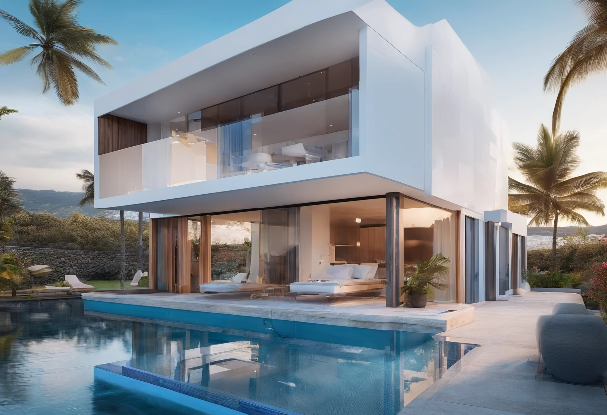Luxury villa by the sea,White walls,Blue roof,large french window,swimmingpool,palmeiras