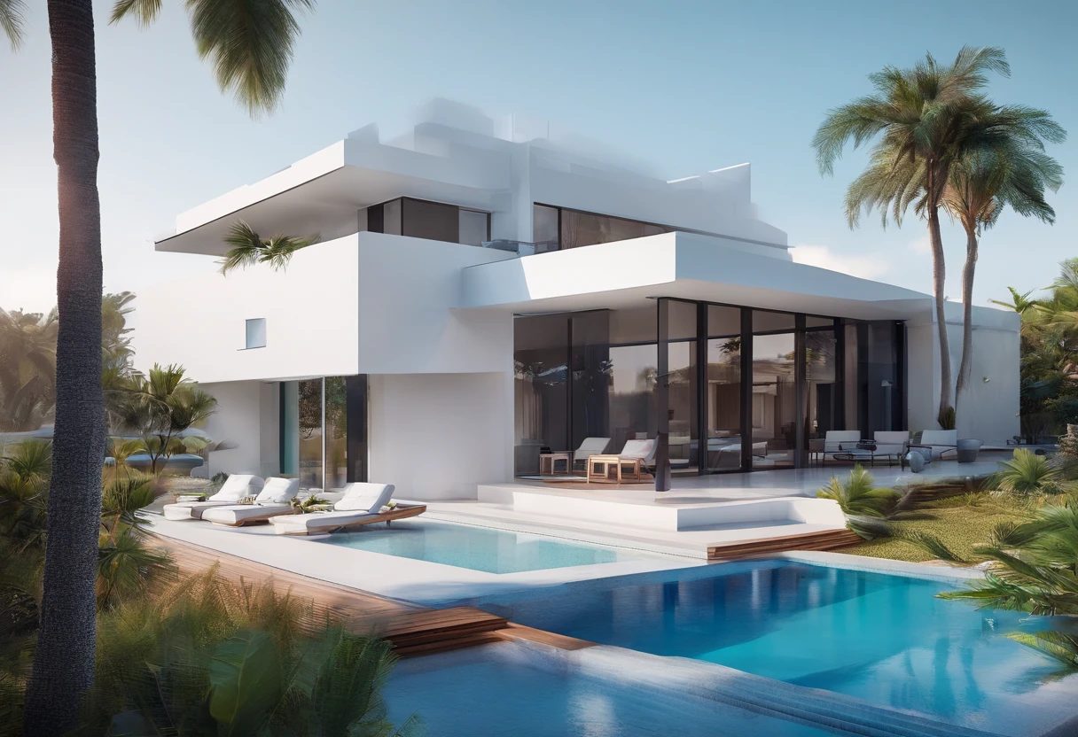 Luxury villa by the sea,White walls,Blue roof,large french window,swimmingpool,palmeiras