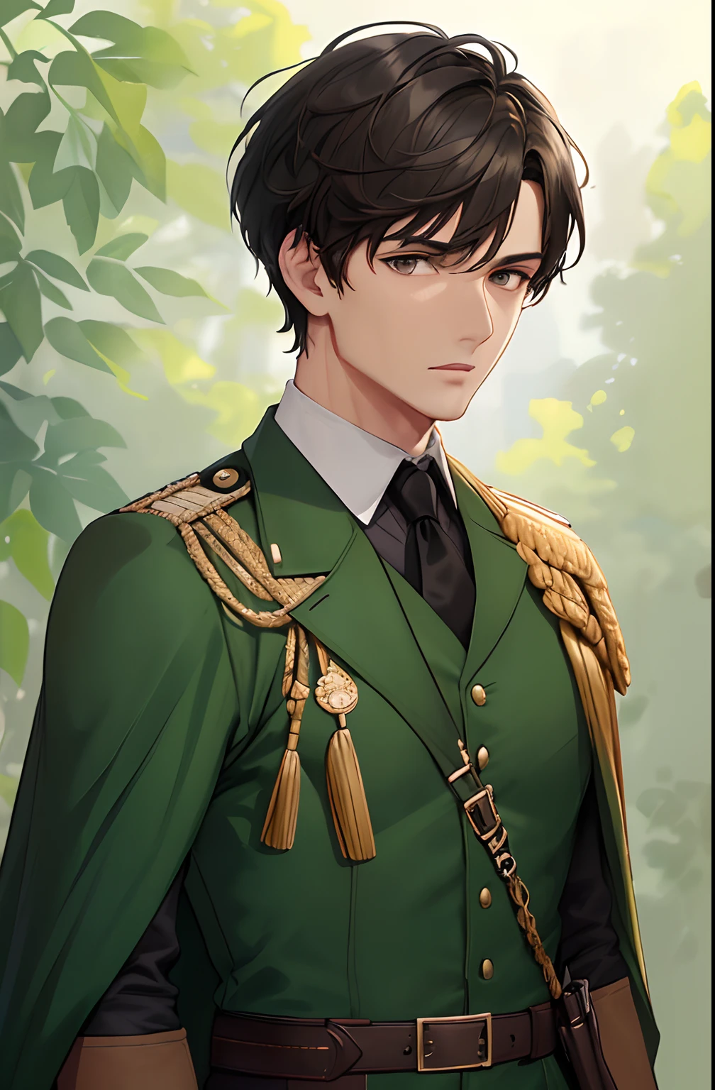 kk, best quality, more details, masterpiece, 1man, 30 years old, male focus, solo, green background, bangs, a soldier wearing a military uniform, green cloak, brown eyes, short hair, black hair, collared shirt, looking at viewer, giggle, luxurious, 8k, detailed, ray tracing, depth of field, cinematic lighting, brown and green, Simple green lines, simplified.