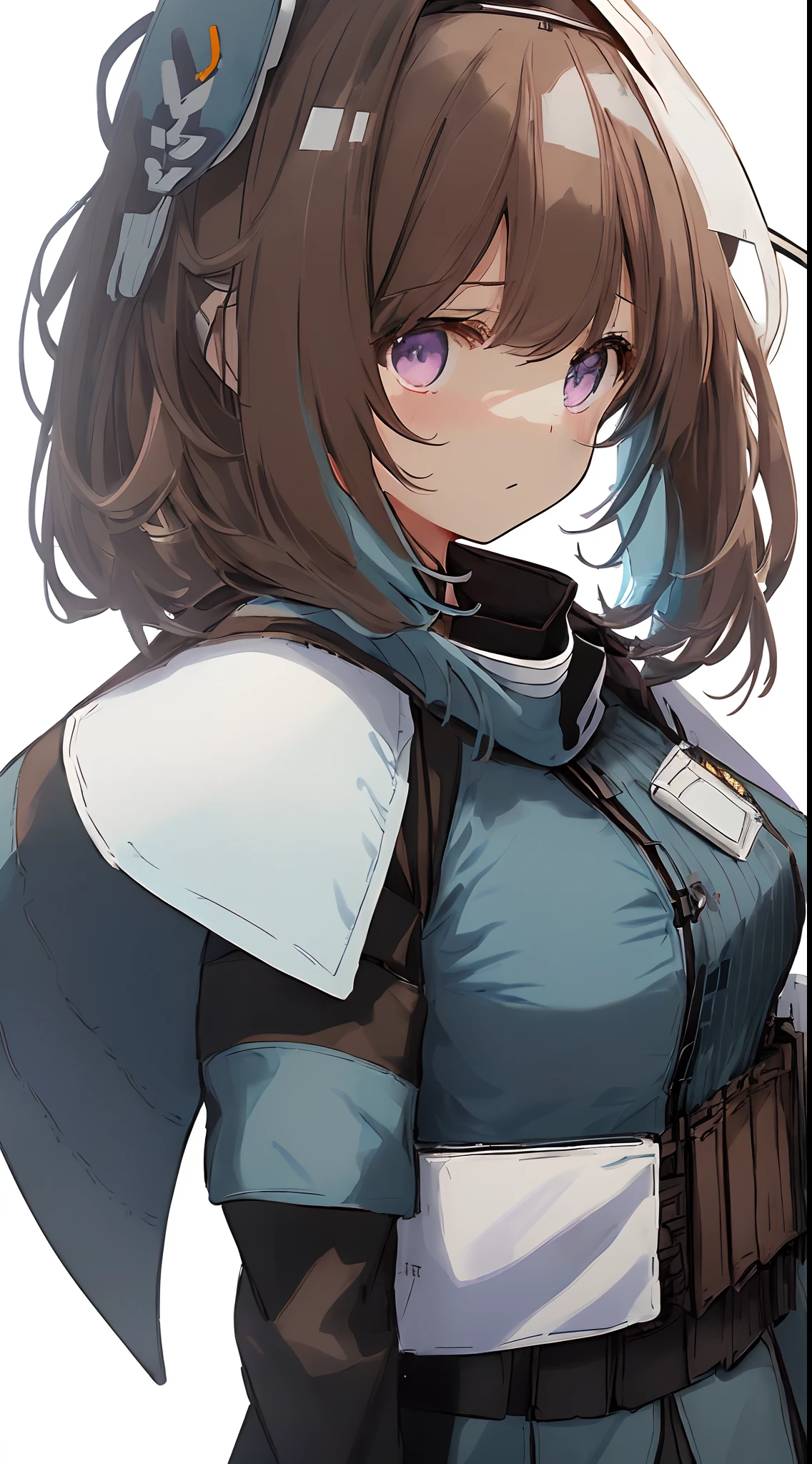 1girl, young girl, solo, a drawing of an android girl, (((loli))), ((short height)), (breasts), (((long brown hair))), ((side parted front hair)), ((purple eyes)), shy expression, (((((black and light blue military officer uniform))))), ((ballistic vest)), ((fighter pilot gear)), ((((((white background)))))), (((no object decorations))), (standing towards viewer), (looking towards viewer), sci-fi, futuristic