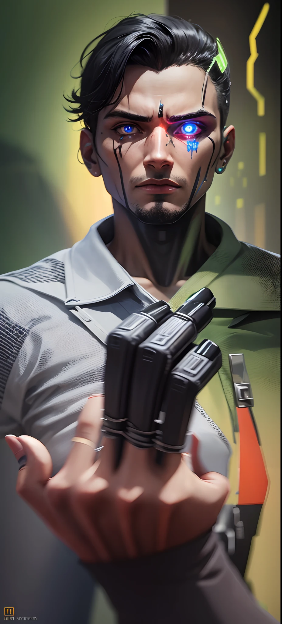 Highly detailed, High Quality, Masterpiece, beautiful, PlayingCards, <lora:PlayingCards:0.7>, 1boy, solo, holding, card, table, holding card, sitting, indoors, playing card, pov across table, closed mouth, looking at viewer, Jetstream Sam, facial hair, male focus, beard, cyborg, <lora:Char_MGR_JetstreamSam:0.9>