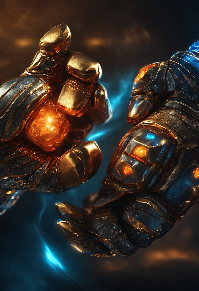 A pair of glowing metal fists,It is set with a variety of precious stones,Bump into each other,Biomechanical, Very bright colors, Light particles, with light glowing, Orange Blue Showdown, wallpaper art, UHD wallpaper,Fists collide with each other
