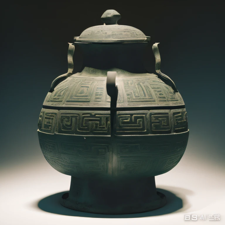 Close up of green and black metal object with handle, pans, ancient china art style, ancient chinese ornate, Dongshan Bronze Ware, Chinese Ghost Festival, Chinese art, glazed ceramic, museum artifact, 4 0 9 6, surname, An ancient, In line with ancient Chinese aesthetics, Wang Chen