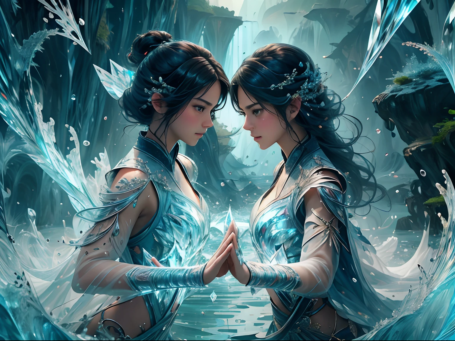 2 beautiful girls, fighting, full body, slim body, detailed and accurate depth of fields,8K, A high resolution, masterpiece, beautiful wallpapers, high quality, high detail, the perfect face, crystallineAI, fractal art, splash, yushui, river, fighting pose