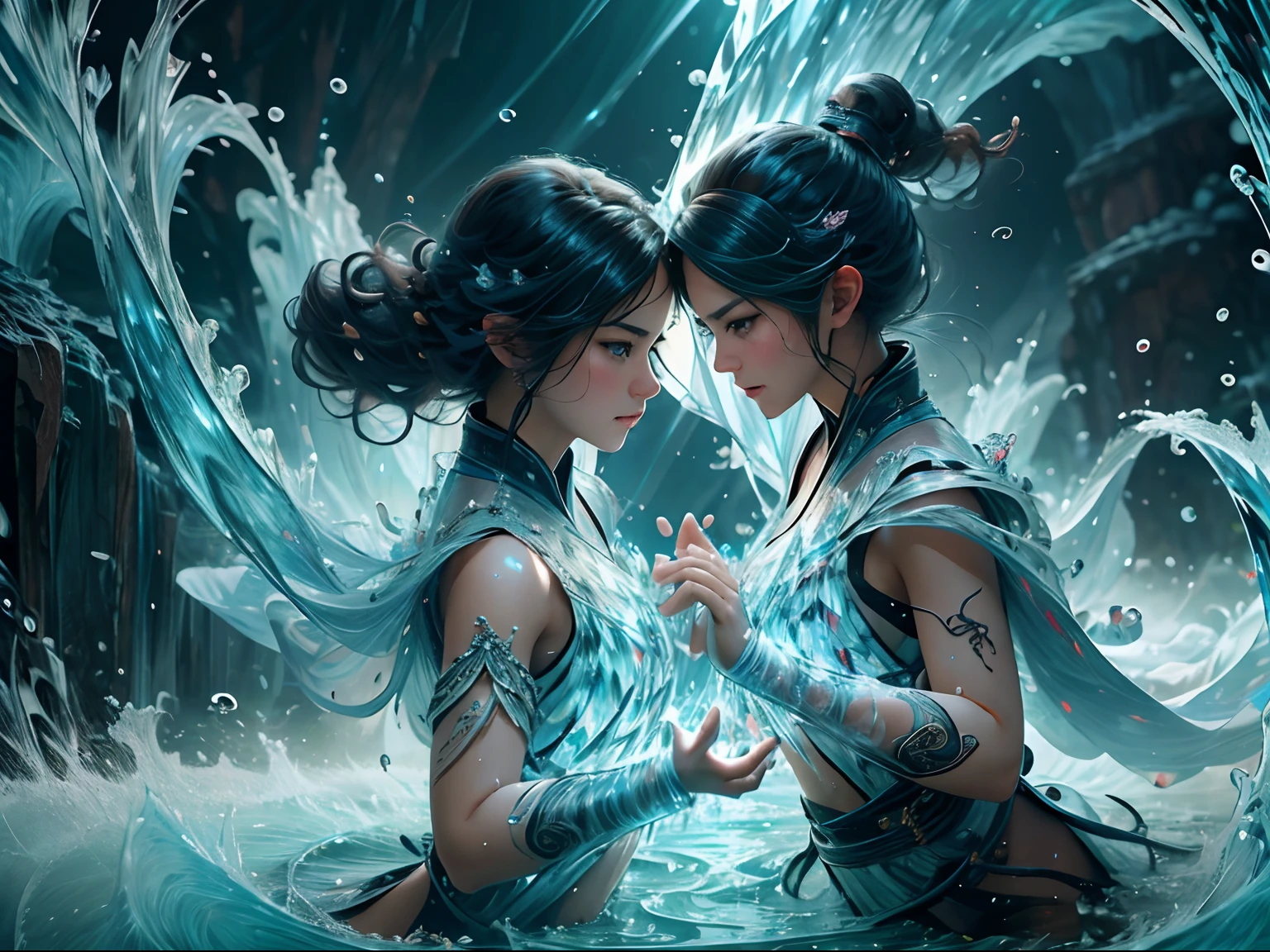 2 beautiful teen girls, fighting, full body, slim body, detailed and accurate depth of fields,8K, A high resolution, masterpiece, beautiful wallpapers, high quality, high detail, the perfect face, crystallineAI, fractal art, splash, yushui, river, fighting pose