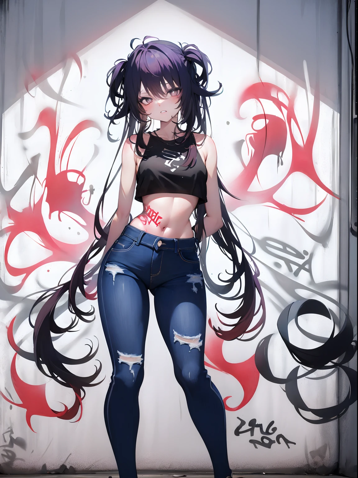 Ear stove|Genshin Effects, master-piece, bestquality, 1girls,20 age, Double tail hairstyle, proportional body, Long Jeans, crop top, ,bara, (Graffiti:1.5), Splash with purple lightning pattern., arm behind back, against wall, View viewers from the front., Head tilt,