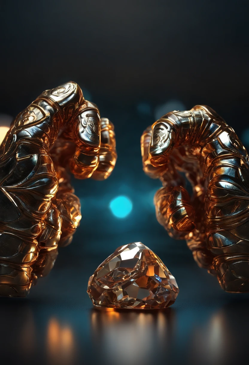 A pair of glowing metal fists,It is set with a variety of precious stones,Bump into each other,Biomechanical, Very bright colors, Light particles, with light glowing, Orange Blue Showdown, wallpaper art, UHD wallpaper,Fists collide with each other