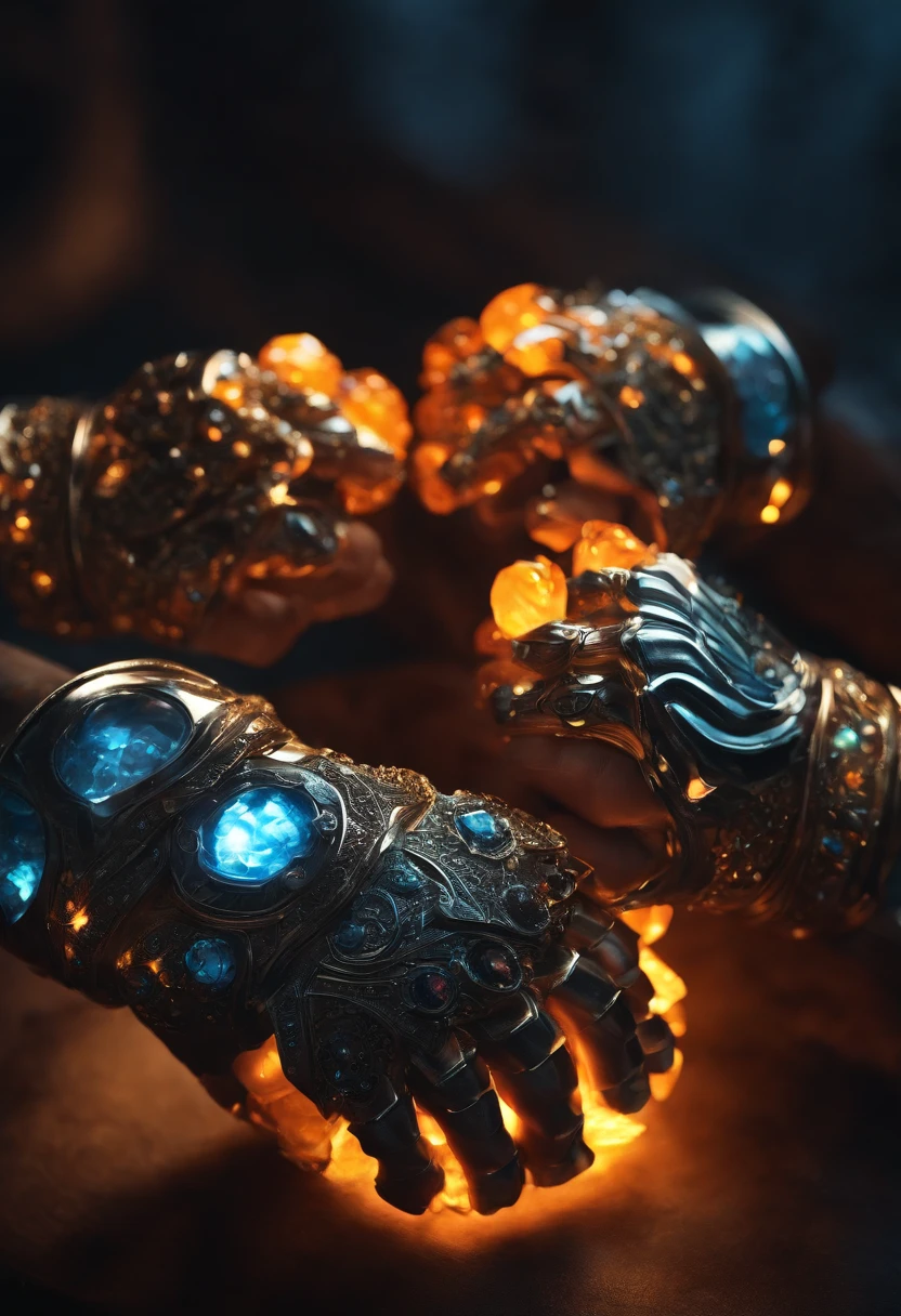 A pair of glowing metal fists,It is set with a variety of precious stones,Bump into each other,Biomechanical, Very bright colors, Light particles, with light glowing, Orange Blue Showdown, wallpaper art, UHD wallpaper,Fists collide with each other