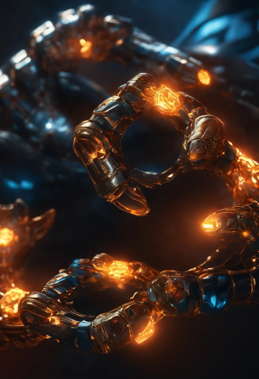 A pair of glowing metal fists,It is set with a variety of precious stones,Bump into each other,Biomechanical, Very bright colors, Light particles, with light glowing, Orange Blue Showdown, wallpaper art, UHD wallpaper,Fists collide with each other