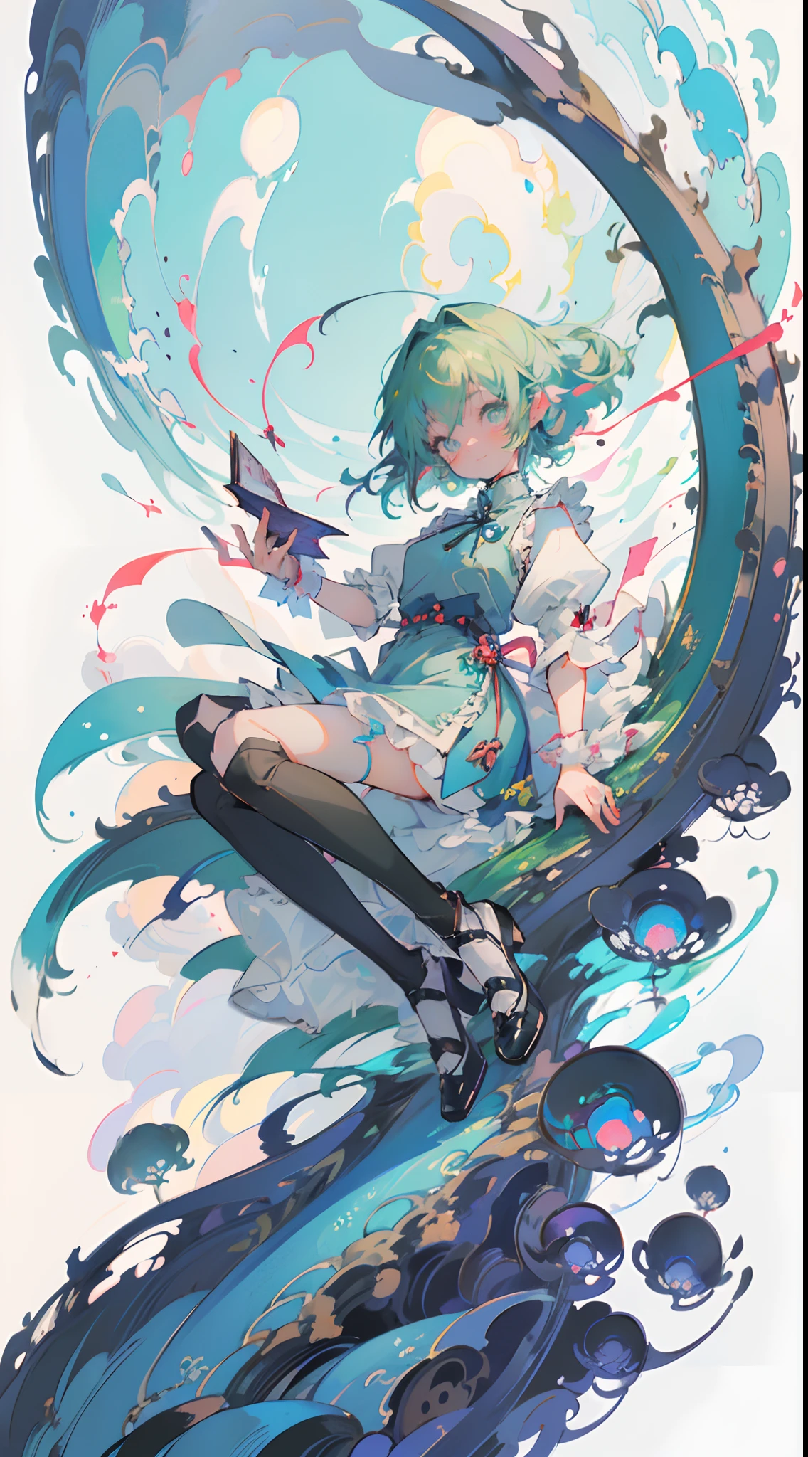 ((masutepiece, Best Quality: 1.1), ((Anime girl in blue dress with magic wand)), Art Nouveau、anime cat girl in a maid costume, Lori, ((Green hairs))、The long-haired、((Shining jewel-like eyes Long eyelashes Transparency))、Very Beautiful Anime Cat Girl, anime catgirl, ((white knee highs)), attractive cat girl, inspired by Leiko Ikemura, aya takano color style, in ryuuou no oshigoto art style, Cat Girl, touhou character, Rei Hiroe、With a smile