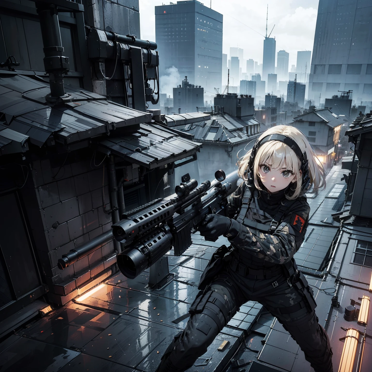 (Trained female soldiers)、((Aim and fire your rifle:1.4、Sniper stance、guns、h&K HK416))、1 Women、thick body、(Black combat uniform)、(platinum-blonde-hair:1.2)、((超A high resolution))、Detail Write、masterpiece、top-quality、extremely details CG、8K picture quality、Cinematographic lighting、lensflare、(Skyscraper rooftop at night:1.4)、Hyper-detailing、((Dynamic Angle Bust Shots:1.4))、Detailed firearm depiction、Rifle with perfect detail、Perfect barrel that does not distort、Fighter in the sky、Military drones
