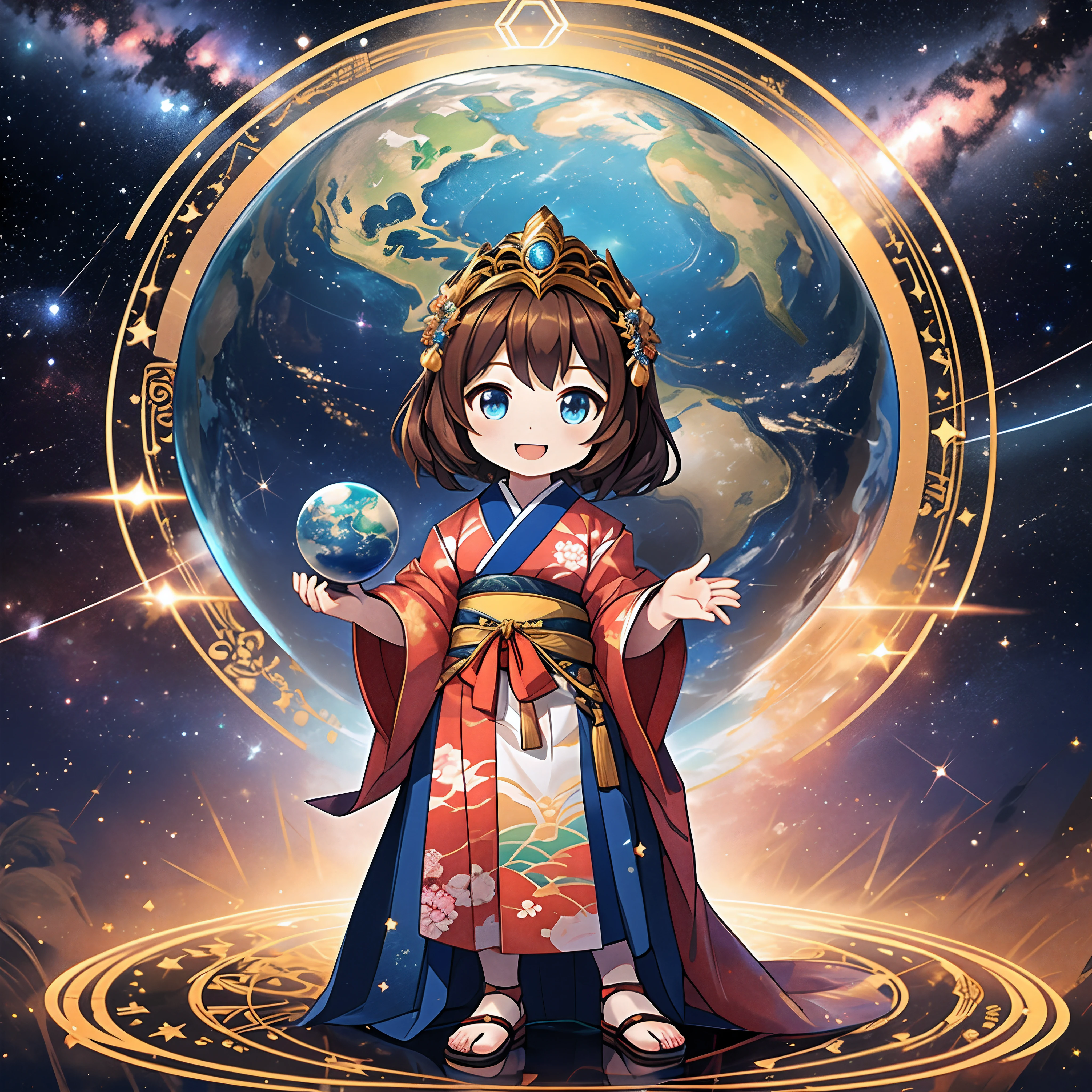 top-quality, ​masterpiece, High-density illustration, Full Body Display, (The Great Goddess of Creation of the Universe), Chibi Character, Cute Face Goddess, Open your mouth and smile, Brown hair, (Looking at the camera from the front, Beautiful contrast of colors), Luxurious costume with Japan kimono motif, Tiara on the head, Stand on a magic circle floating in the sky:1.2, Wearing sandals, Holding a random object in your hand, (Ring of light on background:1.1, Blue globe in the center of the ring, The Milky Way in the constellation and the space around it)