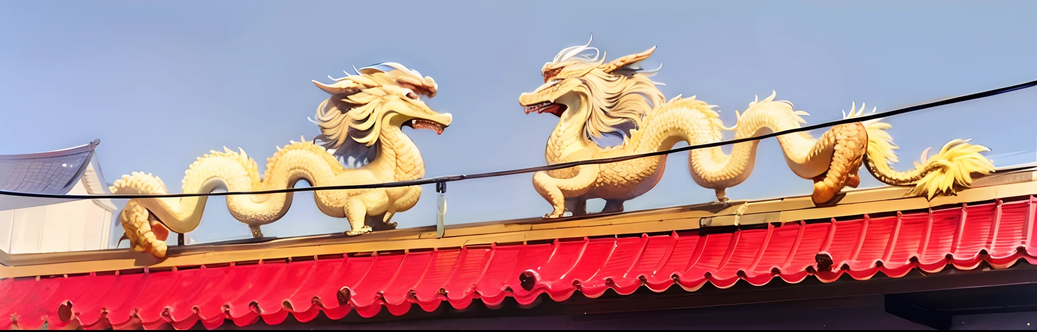 two gold dragon statue on an old red chinese roof