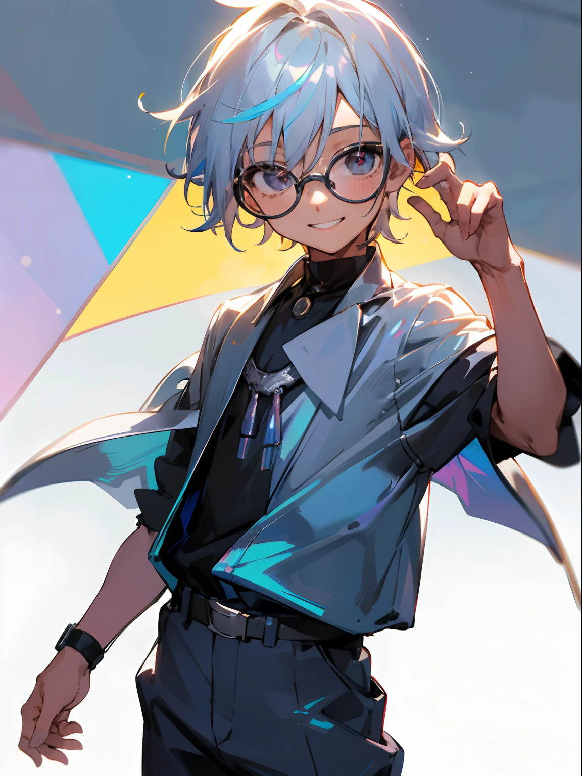 Male child, eye glasses,Cowboy Shots,A smile, silber hair，daytime，Iridescent background，