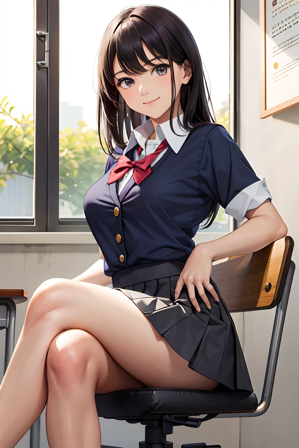 obra maestra, mejor calidad, finamente detallado, 1girl, expressive eyes, perfect face, seductive smile, school uniform, (miniskirt) (crossed legs), sexy thighs, medium breasts