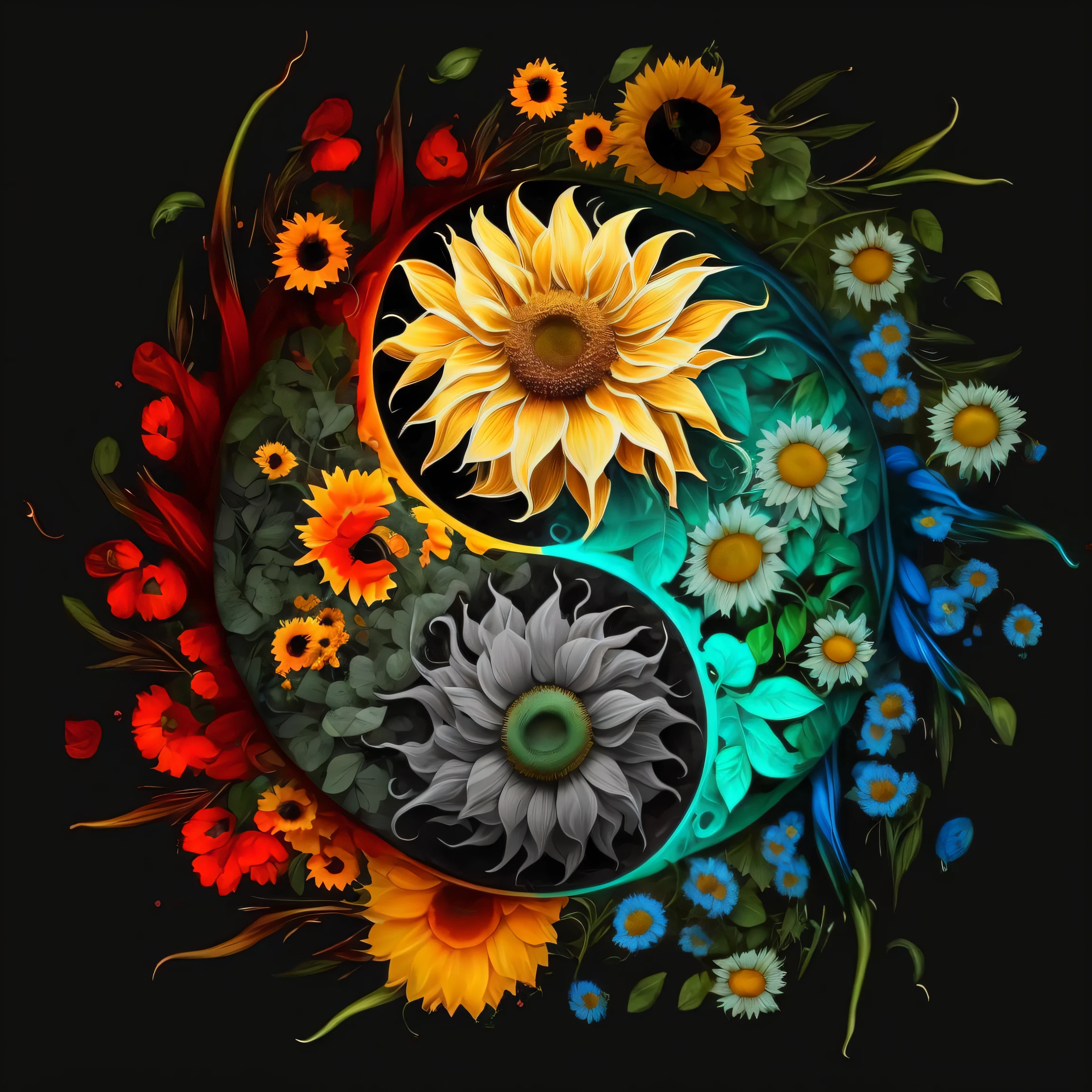 There is shade of sunflowers and other flowers, magical colorful flowers, digital painting highly detailed, Stylized digital art, digital art highly detailed, Highly detailed digital art, beautiful digital art, ying and yang, psychedelic floral planets, with colored flowers, ArtDigital Art, floral flowers colorful, highly detailed digital painting, made of flowers, Very Beautiful Digital Art