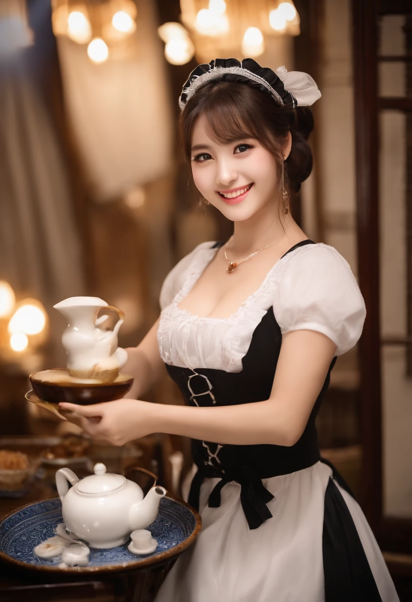 1girl,18 years old,(cleavage between breasts:1.2), beautiful eyes,smile, japanese idol, extremely pretty, cute, perfect face, fascinating smile, captivating smile, happy smile, large round eyes, Gentle facial expression, (Carrying awestern style teapot placed on a Western-style tray:1.3), looking at the viewer, 1girl, masterpiece,realistic, white panties,round big eyes, shiny skin,small nostrils,light makeup, (french traditional black maid costume:1.2),maid headdress,short hair,socks, shallow depth of field,