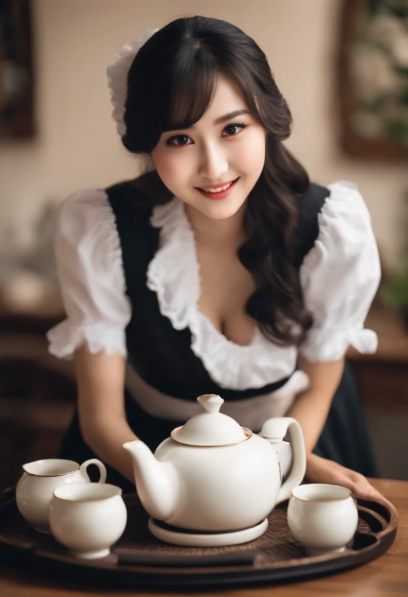 1girl,18 years old,(cleavage between breasts:1.2), beautiful eyes,smile, japanese idol, extremely pretty, cute, perfect face, fascinating smile, captivating smile, happy smile, large round eyes, Gentle facial expression, (Carrying awestern style teapot placed on a Western-style tray:1.3), looking at the viewer, 1girl, masterpiece,realistic, white panties,round big eyes, shiny skin,small nostrils,light makeup, (french traditional black maid costume:1.2),maid headdress,short hair,socks, shallow depth of field,