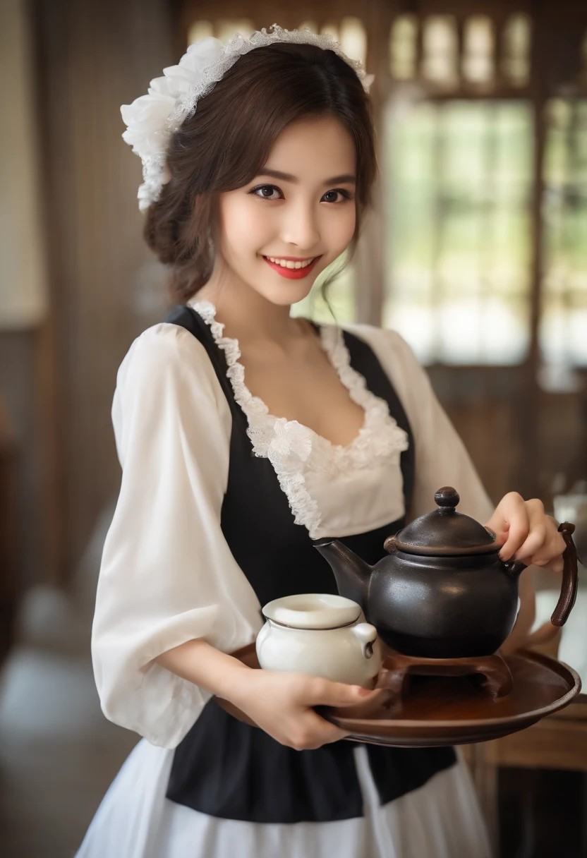 1girl,18 years old,(cleavage between breasts:1.2), beautiful eyes,smile, japanese idol, extremely pretty, cute, perfect face, fascinating smile, captivating smile, happy smile, large round eyes, Gentle facial expression, (Carrying awestern style teapot placed on a Western-style tray:1.3), looking at the viewer, 1girl, masterpiece,realistic, white panties,round big eyes, shiny skin,small nostrils,light makeup, (french traditional black maid costume:1.2),maid headdress,short hair,socks, shallow depth of field,