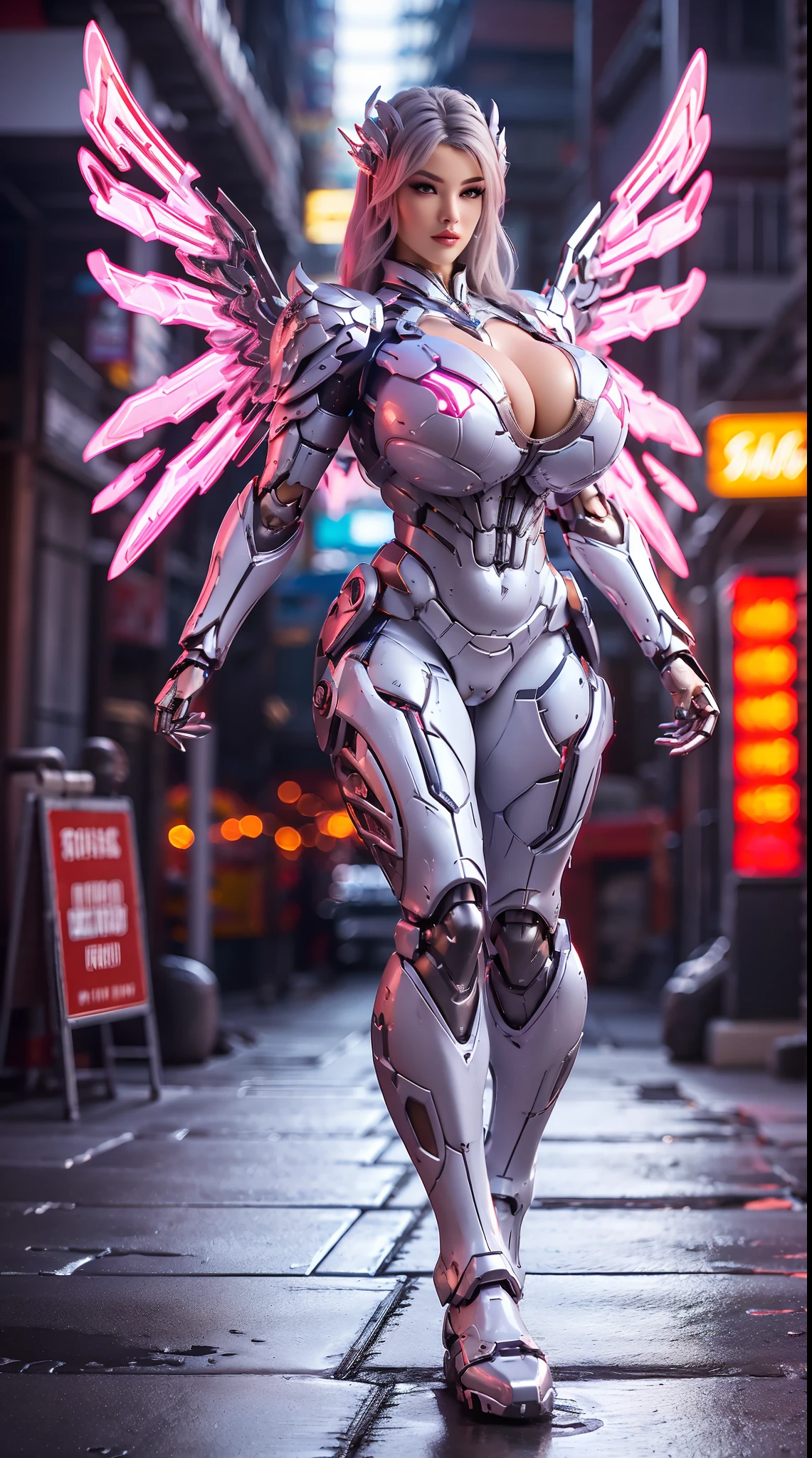 A CUTE WOMAN, BEAUTIFULL FACE, FRONT BANGS, HUGE FAKE BOOBS, WHITE, GOLD, SCARLET, (MECHA ARMOR FULL GEAR), (SKINTIGHT YOGA PANTS), (CLEAVAGE), ((A PAIR MECHANICAL DOUBLE WINGS:1.2)), (FULL BODY:1), TRANSPARANT, (TALL LEGS:1), (WALKING), (SEXY BODY:1), (MUSCLE ABS:1).