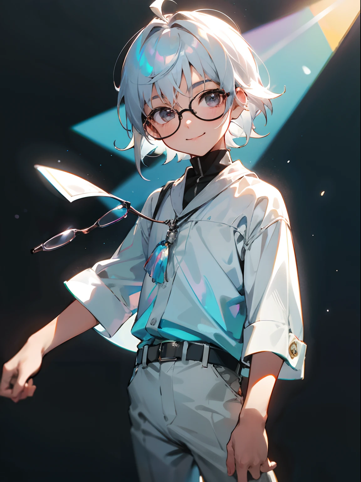Male , eye glasses,Cowboy Shots,A smile, silber hair,daytime,Iridescent background,