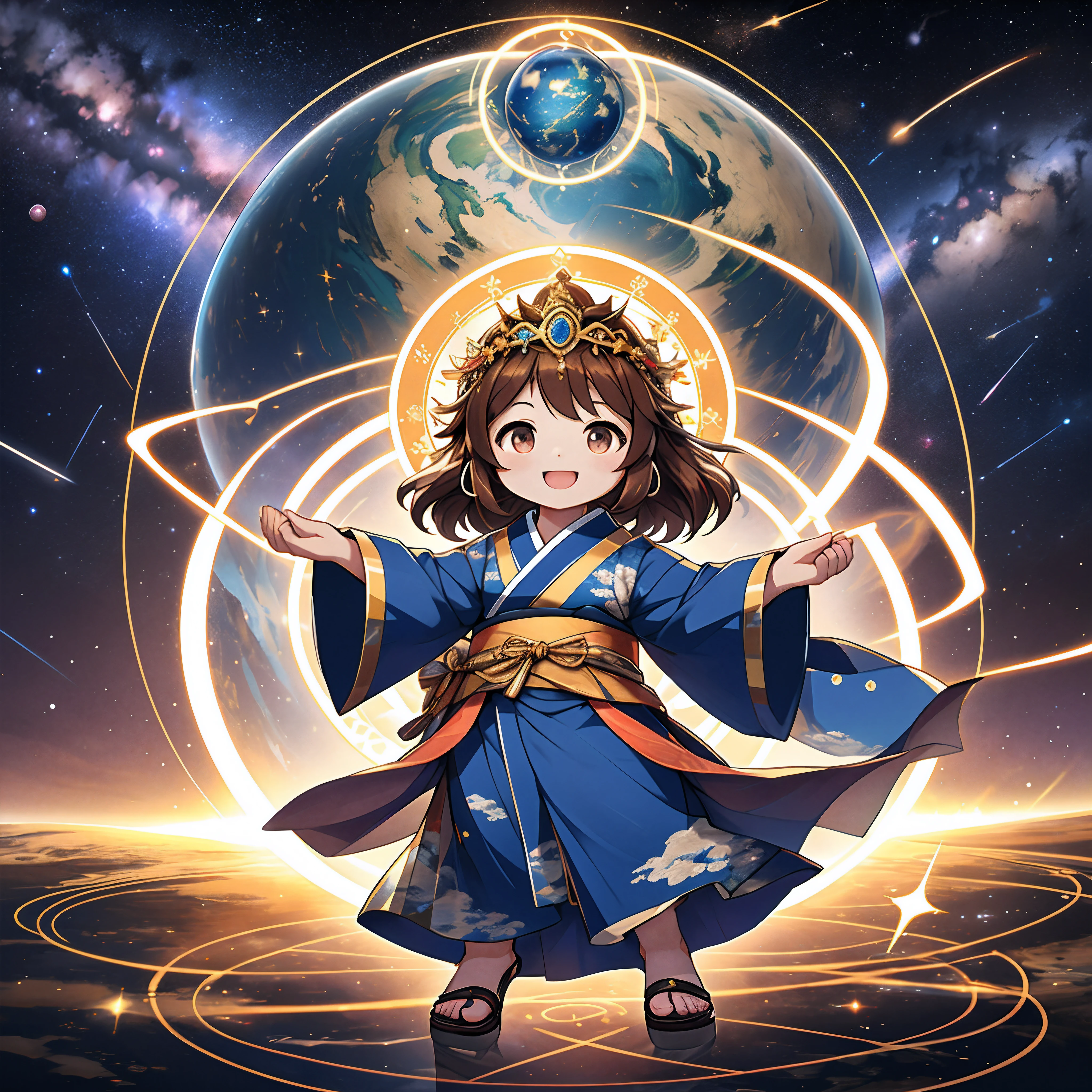 top-quality, masterpiece, High-density illustration, Full Body Display, (The Great Goddess of Creation of the Universe), Chibi Character, Cute Face Goddess, Open your mouth and smile, Brown hair, (Looking at the camera from the front, Beautiful contrast of colors), Luxurious costume with Japan kimono motif, Tiara on the head, Stand on a magic circle floating in the sky:1.2, Wearing sandals, Holding a random object in your hand, (Ring of light on background:1.1, Blue globe in the center of the ring, The Milky Way in the constellation and the space around it)