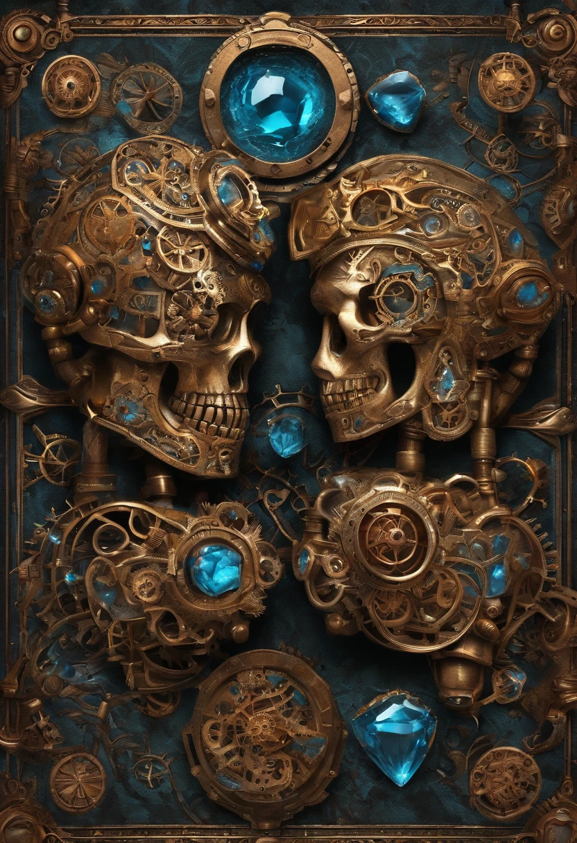A pair of glowing metal fists,It is set with a variety of precious stones,Bump into each other,Biomechanical, Very bright colors, Light particles, with light glowing, Orange Blue Showdown, wallpaper art, UHD wallpaper,Fists collide with each other