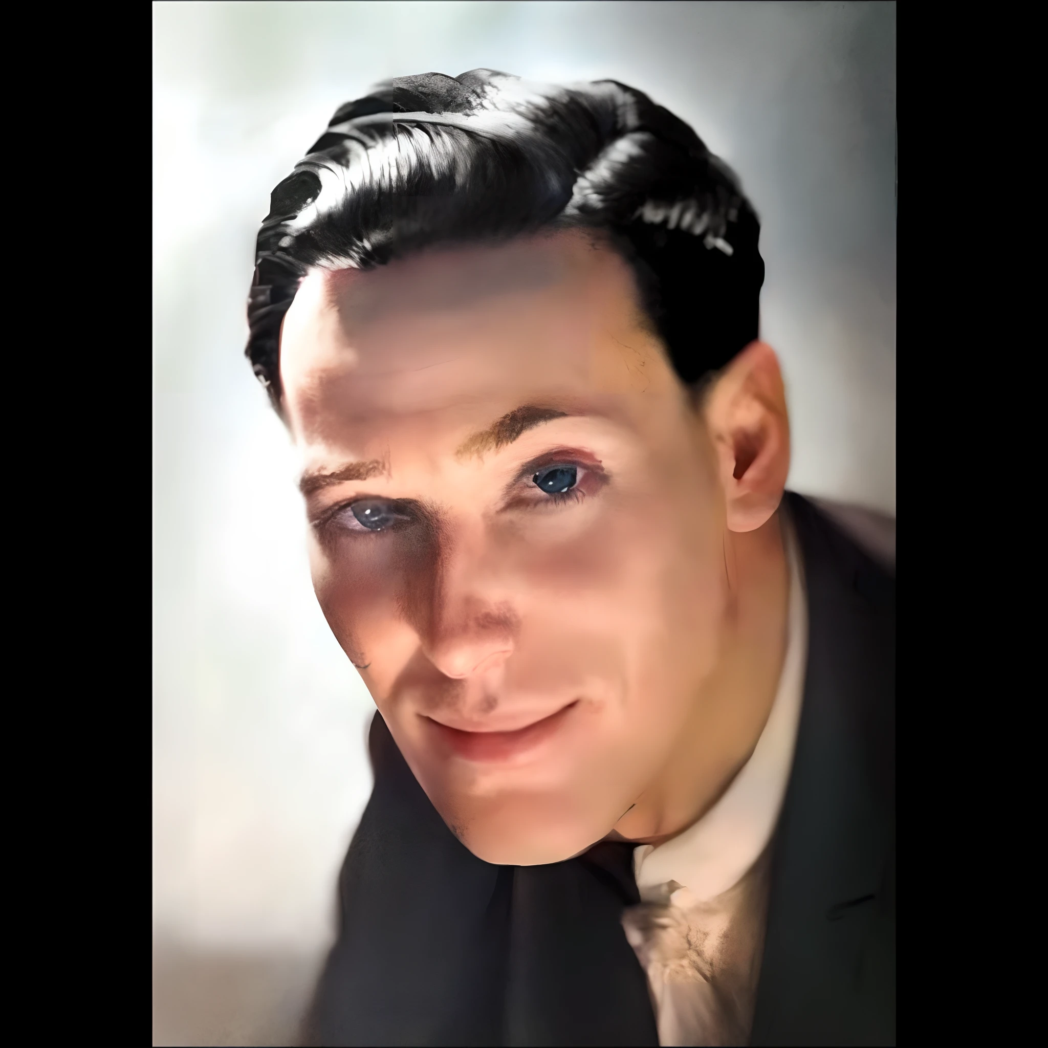 there is a man in a suit and tie posing for a picture, 1 9 3 0 s corte de cabelo, 1 9 2 0 s ator de cinema, colorido, 1 9 4 0 s corte de cabelo, Directed by: Howard Knotts, retrato colorido, inspirado em Edward Corbett, uma foto colorida, inspired by Oskar Lüthy, face up with hairstyle 1 9 2 0 s change the color of the actor's suit to the white inside shirt and navy blue pasletó, Do not move too much in the face of the actor, But, coloque a foto em alta qualidade 4k. Give liveliness to his gaze. coloque a cor dos dois olhos da mesma cor do olho direito.
