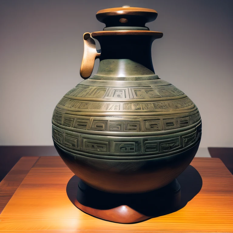 Antique artifacts,The bottle is placed on a boxwood table,Total height 28 cm,There is a lid on it,The buckle is tight,The shape of this copper bottle,It resembles a copper cleaning bottle unearthed by the shrine monk Tataki,It can be concluded that it is a relic of the Tang Dynasty,Full work, Full of patterns, No text,Forged hammer pattern,Big belly,oguchi,sedate,massiness,Shiny and warm