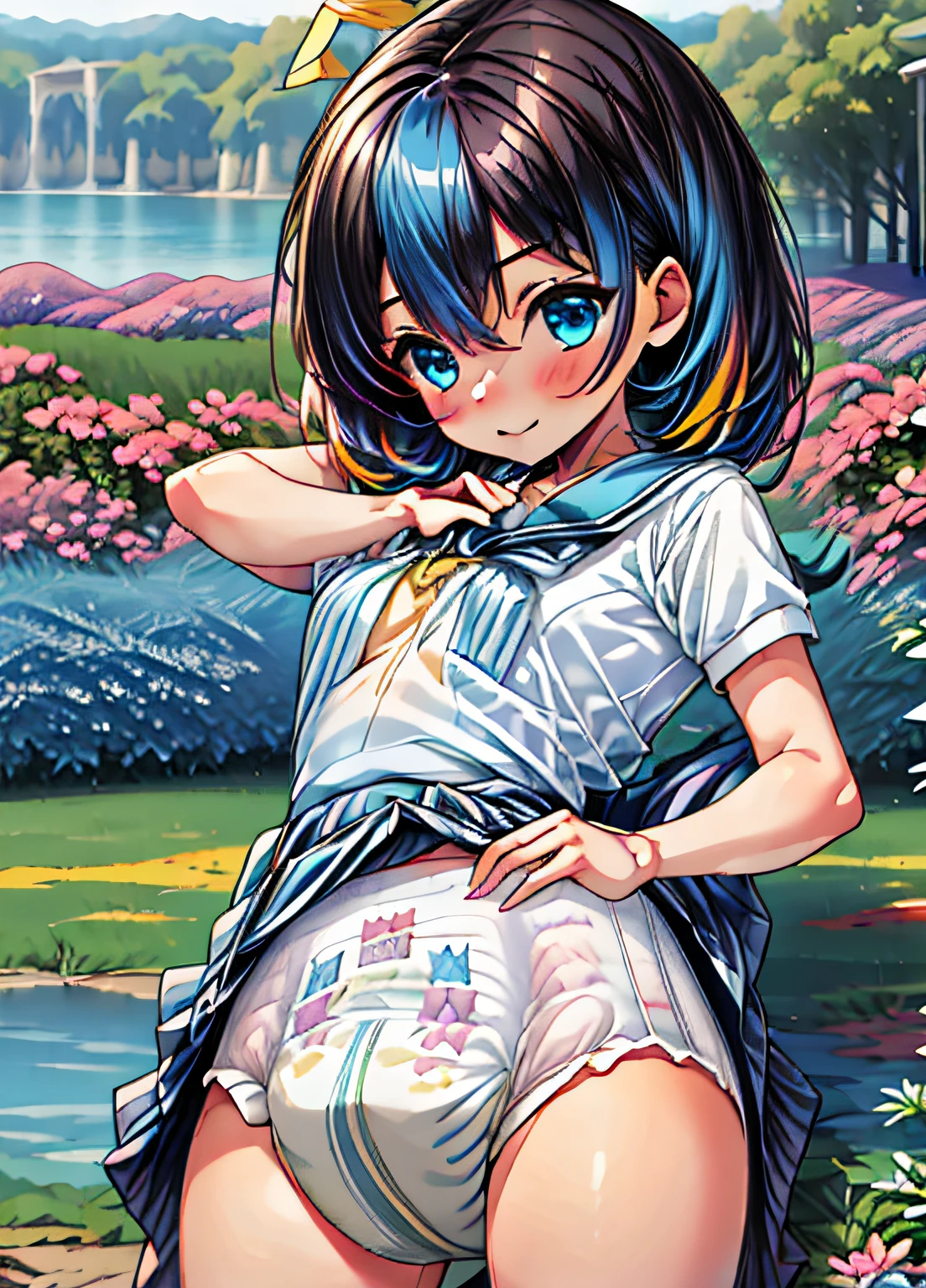 1 girl, Transparent water, Blue butterfly, Pure white gauze skirt, glinting, ,(rainbow diaper girl, vertical stripes panties)