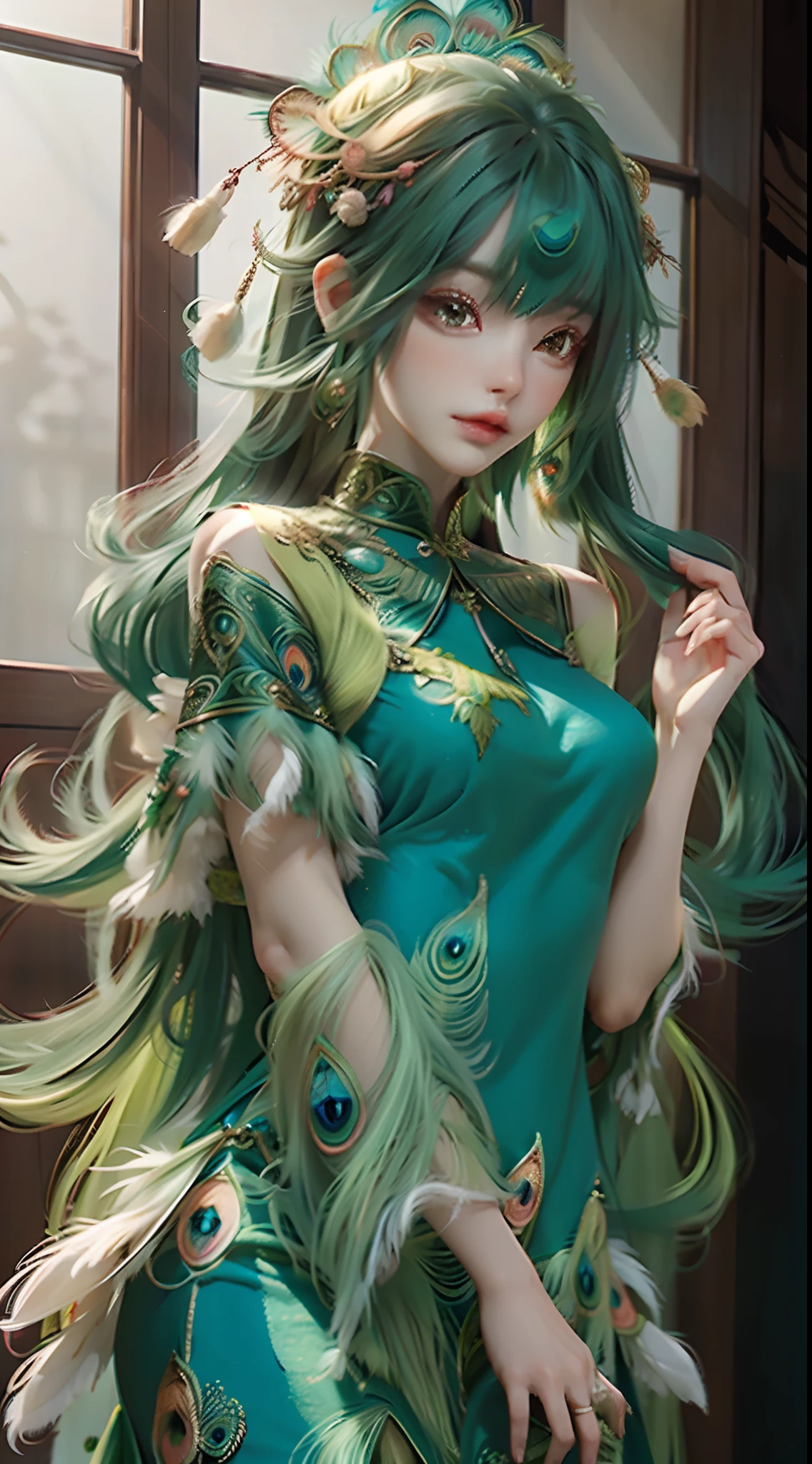 girl wearing peacock feather dress, greenlong hair with feather
