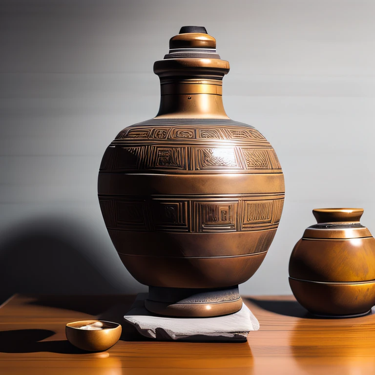 Antique artifacts，The bottle is placed on a boxwood table，Total height 28 cm，There is a lid on it，The buckle is tight，The shape of this copper bottle，It resembles a copper cleaning bottle unearthed by the shrine monk Tataki，It can be concluded that it is a relic of the Tang Dynasty，Full work, Full of patterns, No text，Forged hammer pattern，Big belly，oguchi，sedate，massiness，Shiny and warm