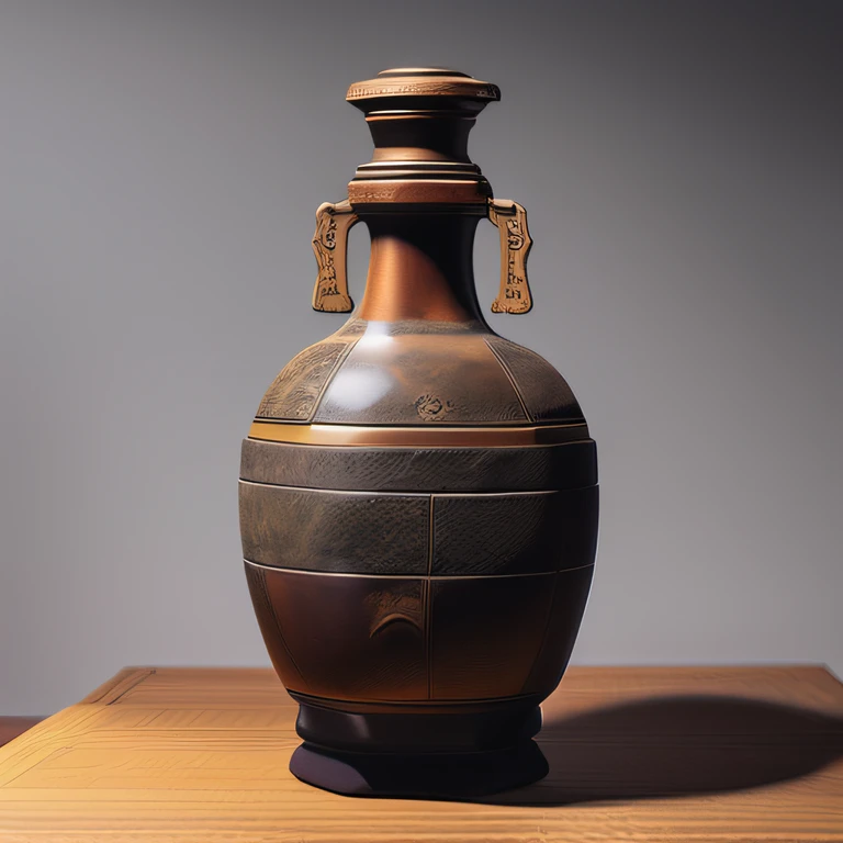 Antique artifacts,The bottle is placed on a boxwood table,Total height 28 cm,There is a lid on it,The buckle is tight,The shape of this copper bottle,It resembles a copper cleaning bottle unearthed by the shrine monk Tataki,It can be concluded that it is a relic of the Tang Dynasty,Full work, Full of patterns, No text,Forged hammer pattern,Big belly,oguchi,sedate,massiness,Shiny and warm